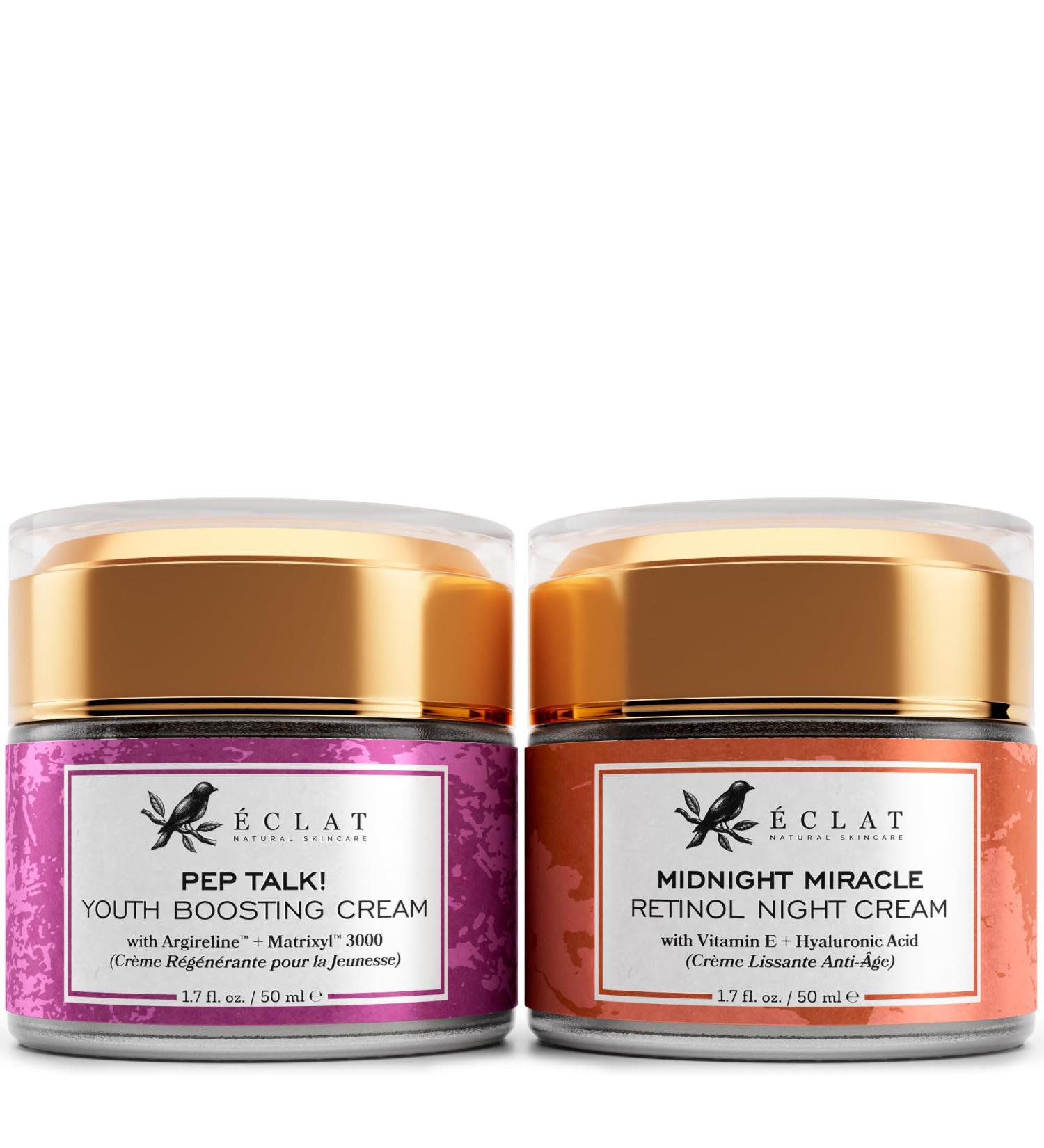 Eclat Skincare Anti Aging Face Cream + Retinol Night Cream Set Day & Night Face Moisturizer with Collagen Peptides Hyaluronic Acid Vitamins C+E Hydrating Creams Helps Improve Wrinkles 50ml each - Buy Online on GoSupps.com