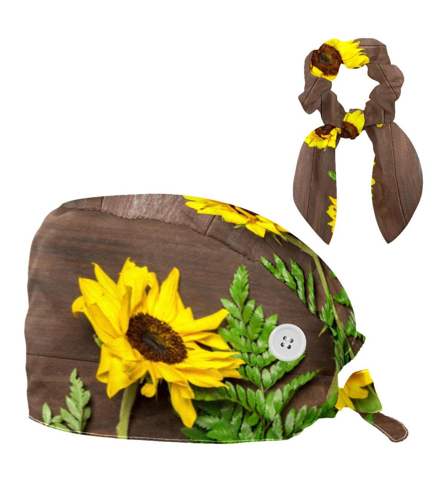 Nurse Scrub Caps - Sunflowers White Wooden Working Cap with Button and Bow Hair Scrunchie - Buy Online on GoSupps.com