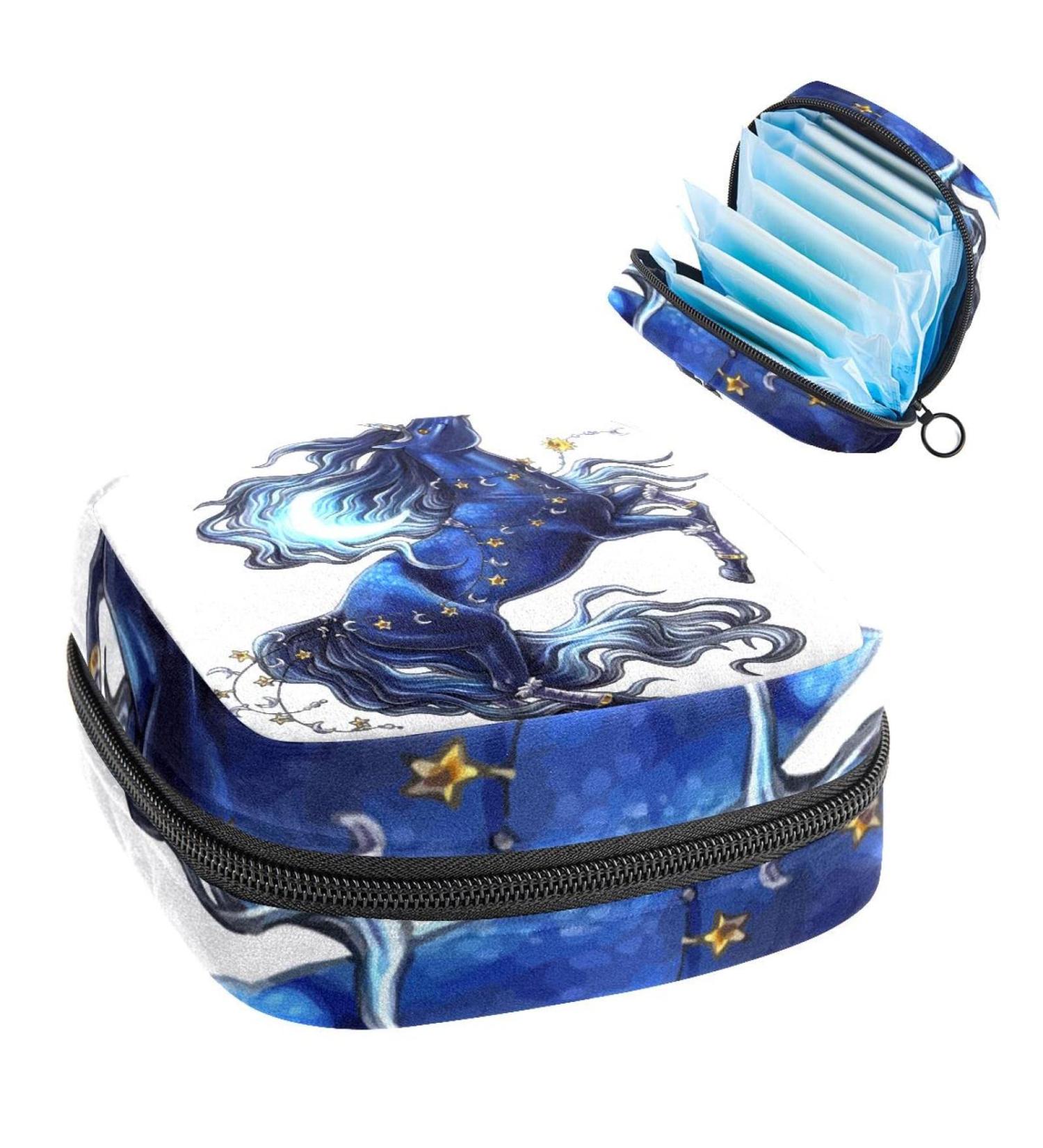 Shop Women's Portable Period Kit | Dark Blue Unicorn Storage Pockets Perfect for On-the-Go | Feminine Product Bag - Buy Online on GoSupps.com