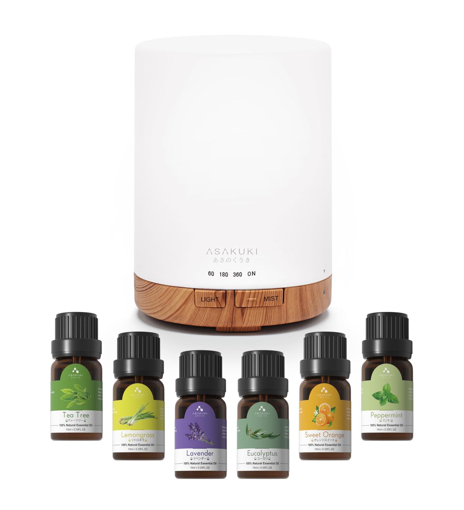 ASAKUKI 300ml Aroma Diffuser with 6Pcs*10ml Pure Essential Oil Set - Z-Yellow Wood Variant | 4 Timer Settings, 15 Color Lights, Auto Shut-Off | Cool Mist Essential Oil Diffuser - Buy Online on GoSupps.com