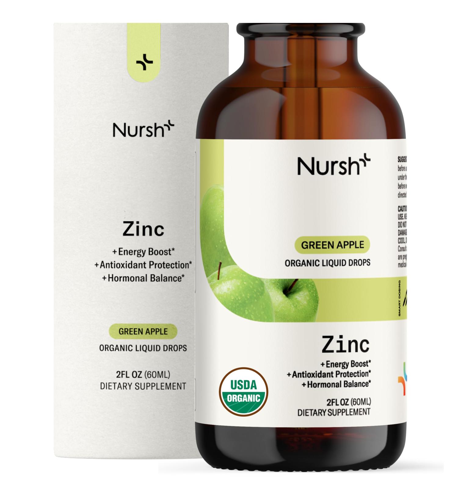 Nursh+ Daily Organic Liquid Zinc Drops Fast-Absorbing Immune Support & Skin Health for Kids & Adults 7mg Per Serving USDA Certified Organic & Vegan 2 fl oz - Buy Online on GoSupps.com