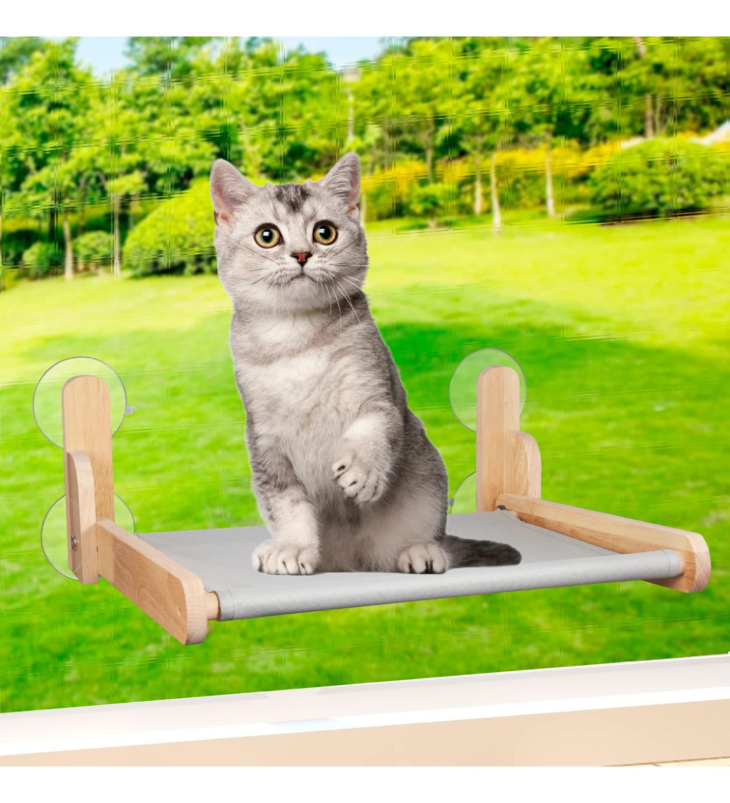 Cat Window Perch Hammock with Natural Wooden Seat Furniture - Cordless, Collapsible, Weight Capacity Over 60 lbs - Medium - Buy Online on GoSupps.com