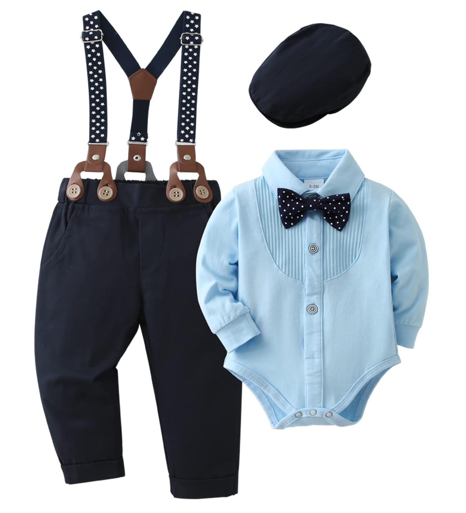 ZOEREA Baby Boy Gentleman Outfits Set | Romper Jumpsuit + Bow Tie + Suspender Pants | Infant Wedding Suit Clothing | Blue | 6-12 Months - Buy Online on GoSupps.com