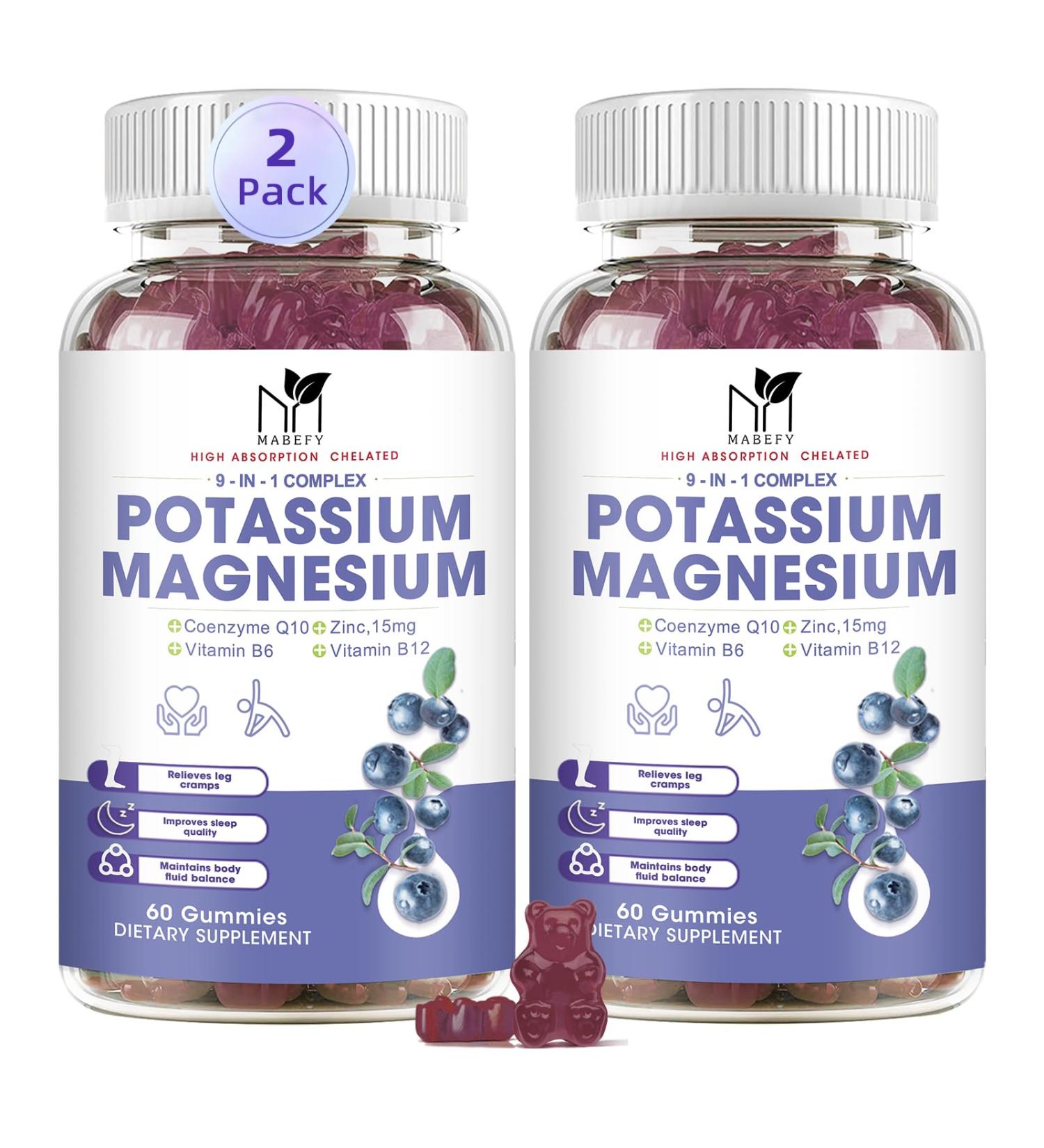 2 Pack Potassium Magnesium Gummies, Sugar-Free Potassium Gummies with Magnesium Glycinate 500mg Chewable Potassium Magnesium Supplements with Calcium, Zinc & Vitamins to Support Leg Muscle Relaxation Blueberry 60 Count (Pac  - Buy Online on GoSupps.com