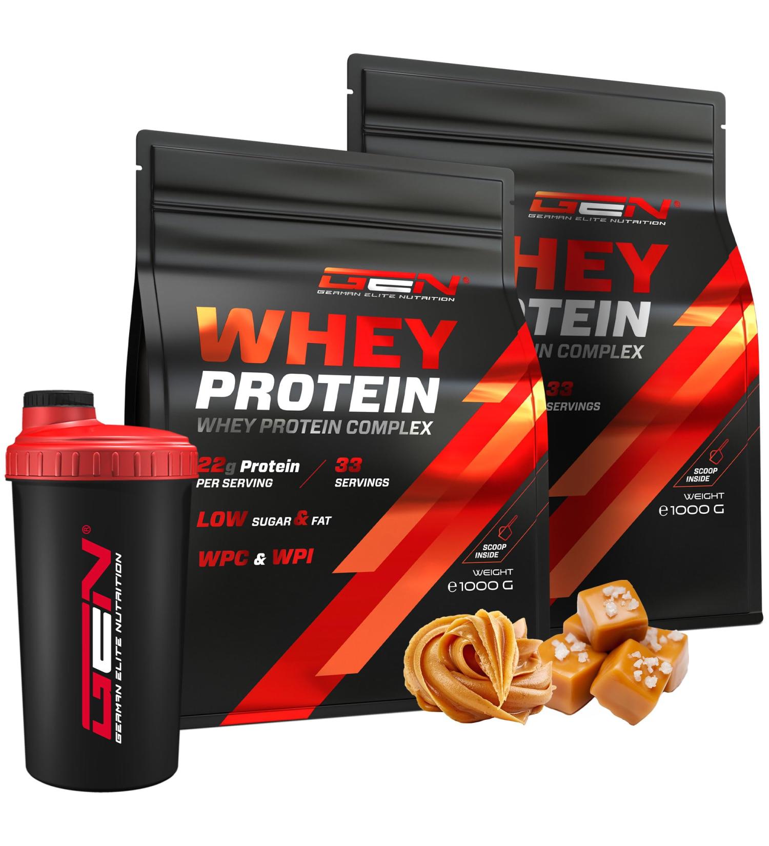2 kg Whey Protein Complex & Premium Shaker - Instant Soluble Protein with BCAA & EAA - Peanut Butter Salted Caramel - German Elite Nutrition - Buy Online on GoSupps.com