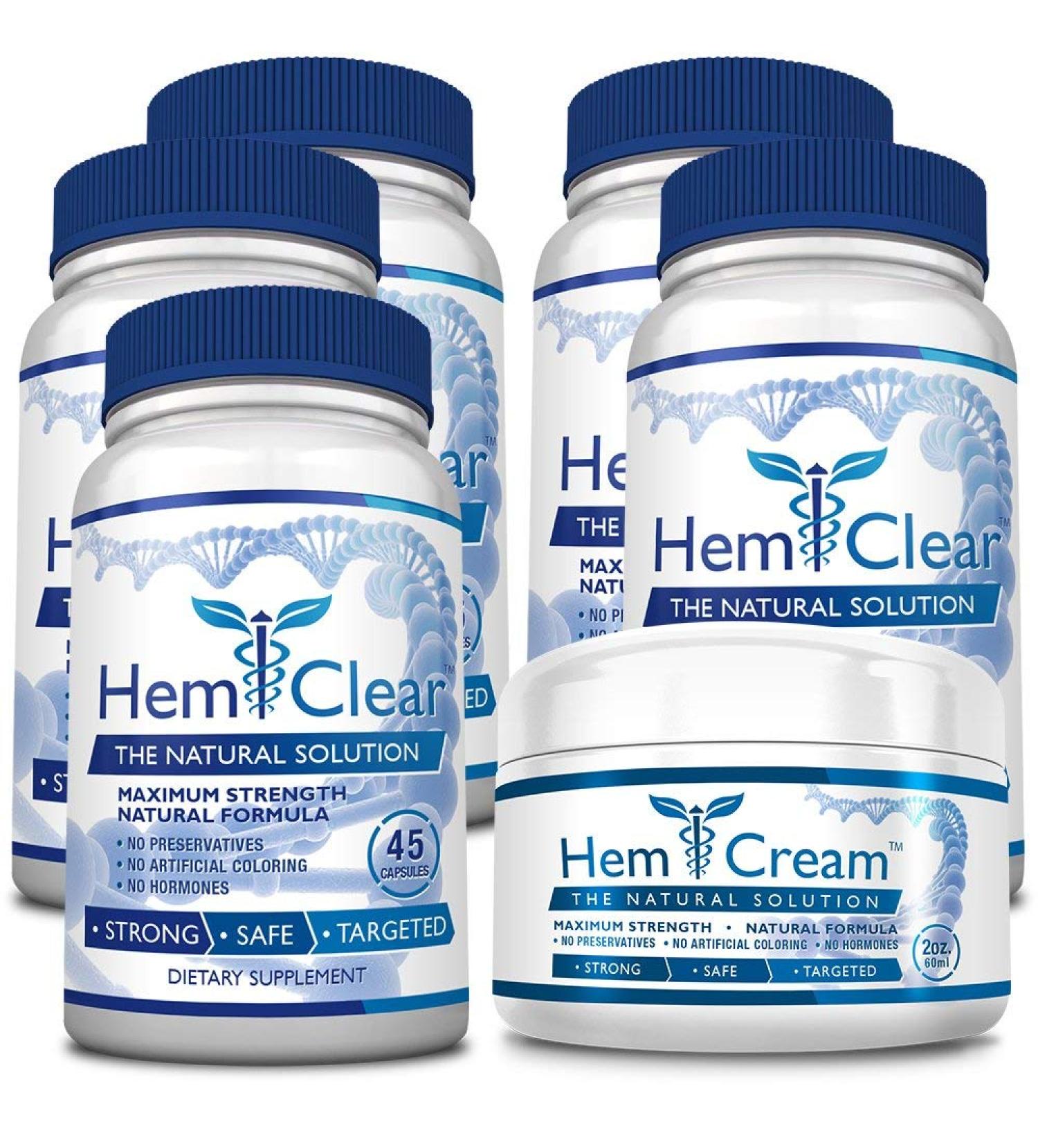 Hemclear for Hemorrhoids - Vegan 100% Natural Formula for Hemorrhoid Relief & Vascular Health - Maximum Strength 5 Bottles + 1 Cream