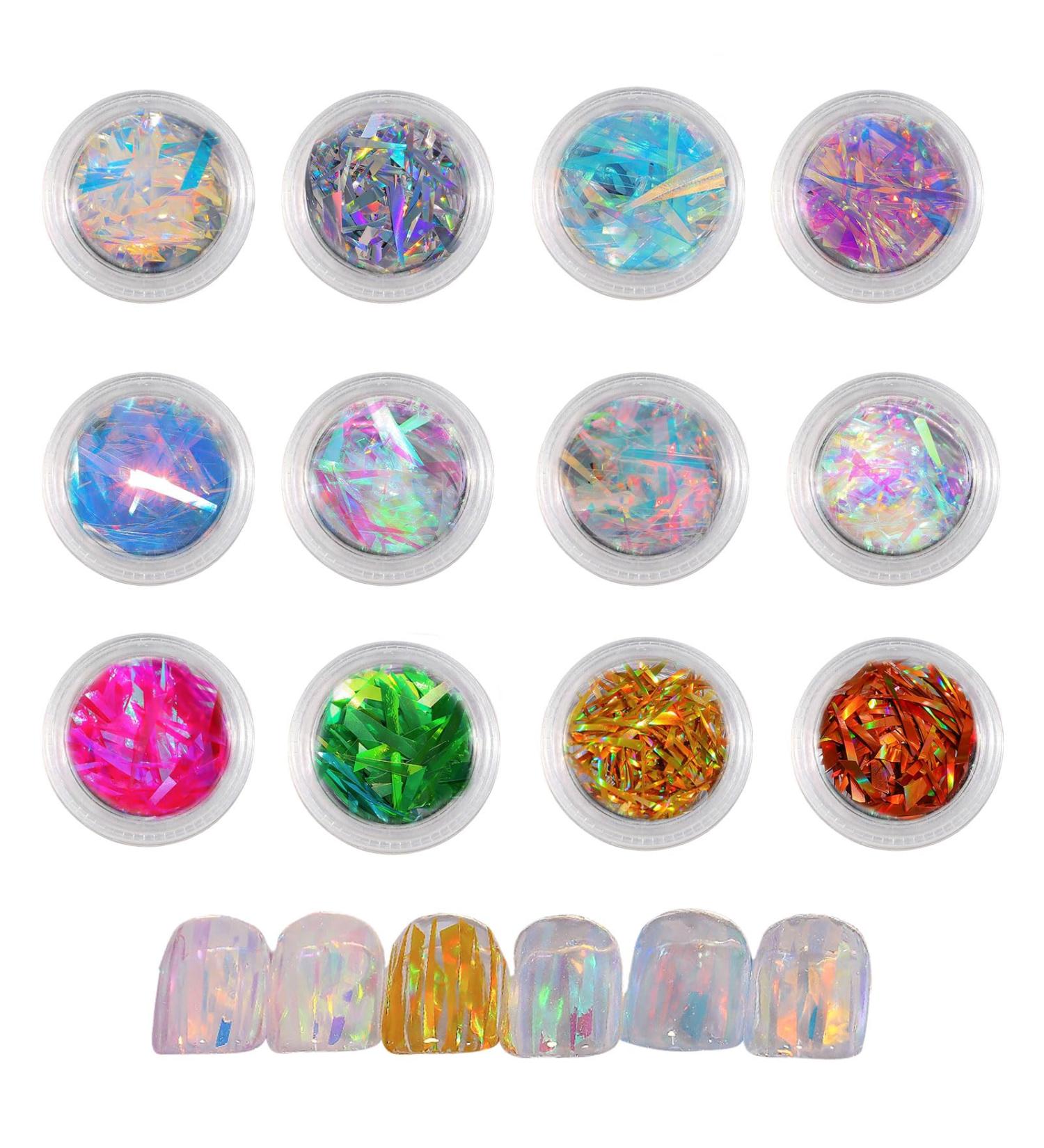 Glass Paper Nail Stickers 12 Jars Aurora Irregular Laser Cellophane Nail Art Flakes Broken Glass Pieces Stripe Line Paper Nail Decals for Nail Art Design Decorations DIY Crafts - Buy Online on GoSupps.com