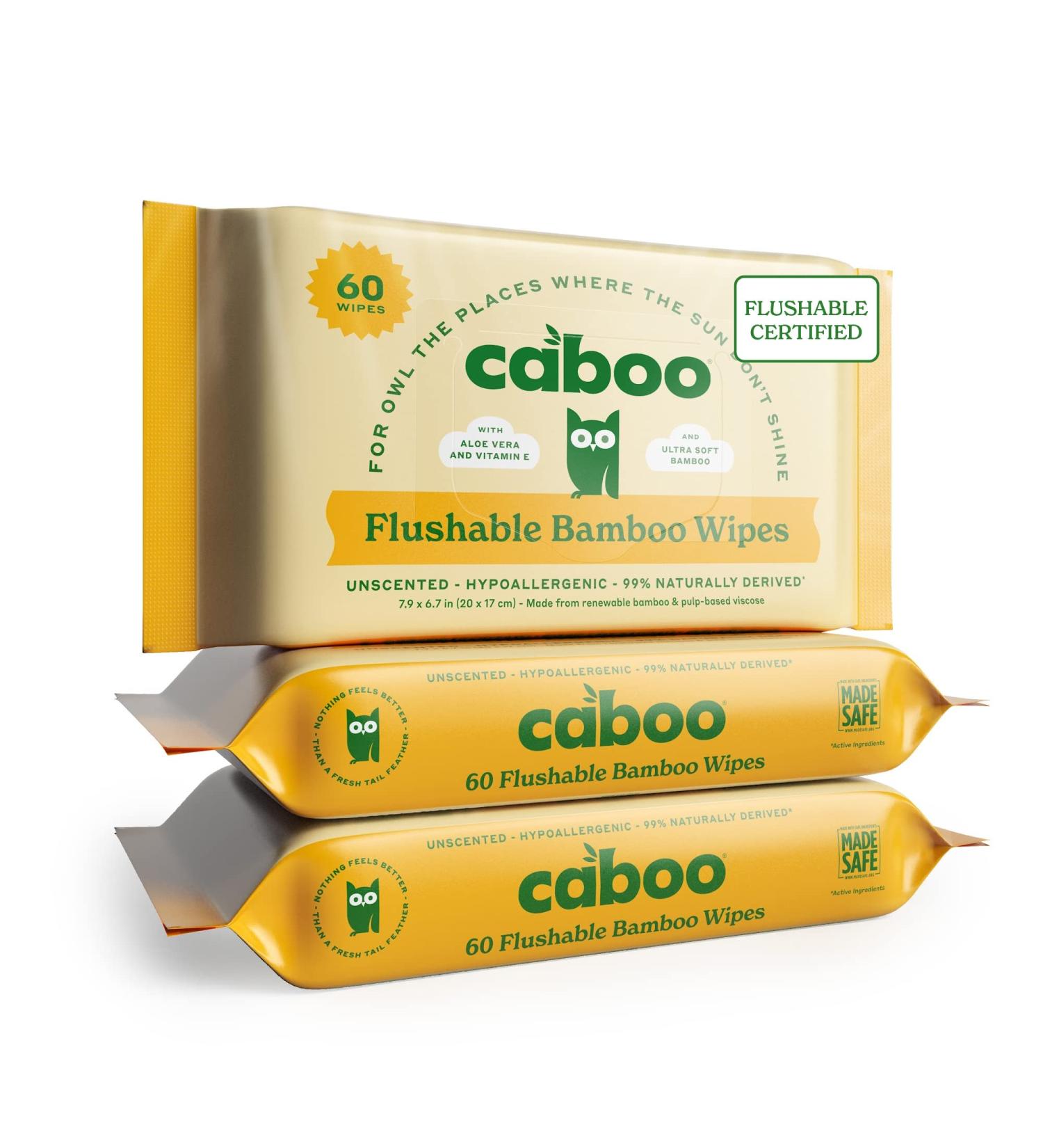 Caboo Bamboo Flushable Wipes 60 Ct Travel Packs (Pack of 3) | Eco-Friendly & Biodegradable | Septic Safe & Certified Flushable | for Adults & Kids - Buy Online on GoSupps.com