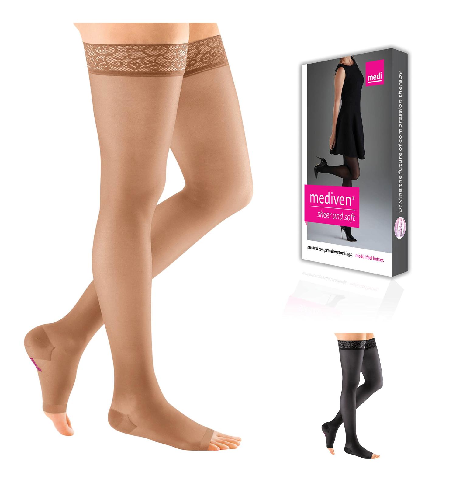 Buy Mediven Sheer & Soft Women's 30-40 mmHg Thigh High Compression Stockings with Lace Silicone Top - Open Toe Natural II Standard - Buy Online on GoSupps.com