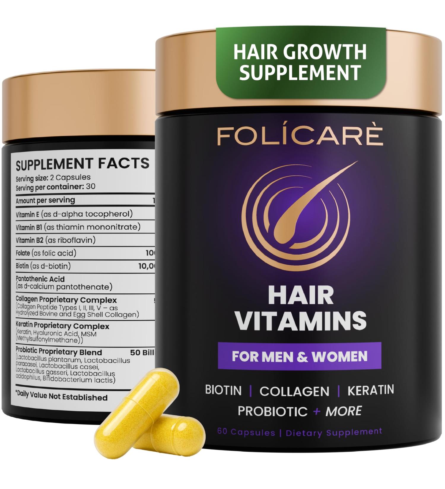 Biotin Hair Growth Supplement with Collagen, Keratin, and Probiotics Hair Growth Support, Skin & Nails Supplement for Men and Women Supports Thicker, Stronger Hair Made in USA (1 Pack) 60 Count (Pack of 1) - Buy Online on GoSupps.com