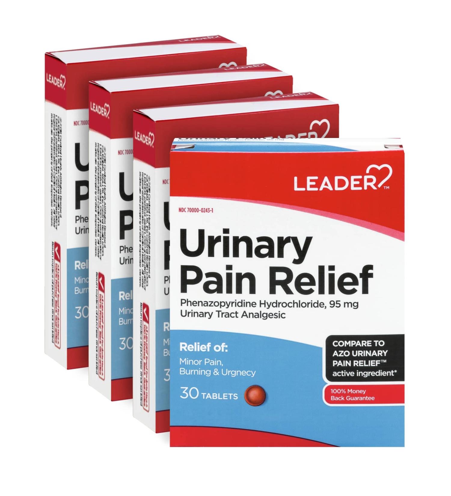 Leader Urinary Pain Relief Maximum Strength - Fast UTI Pain Relief Burning & Urgency - 95 mg Phenazopyridine Hydrochloride - 30 Tablets (4-Pack - Buy Online on GoSupps.com