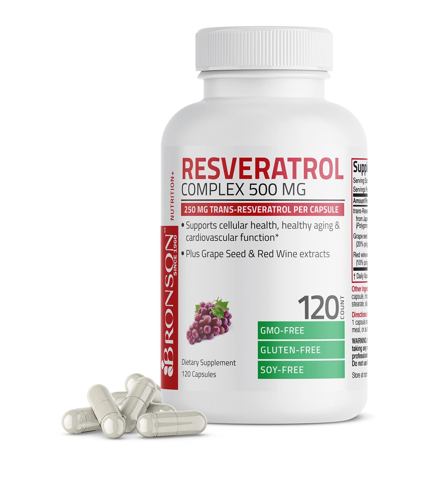 Bronson Resveratrol 500 Complex - 120 Capsules, Trans-Resveratrol, Grape Seed & Red Wine Extract - Buy Online on GoSupps.com