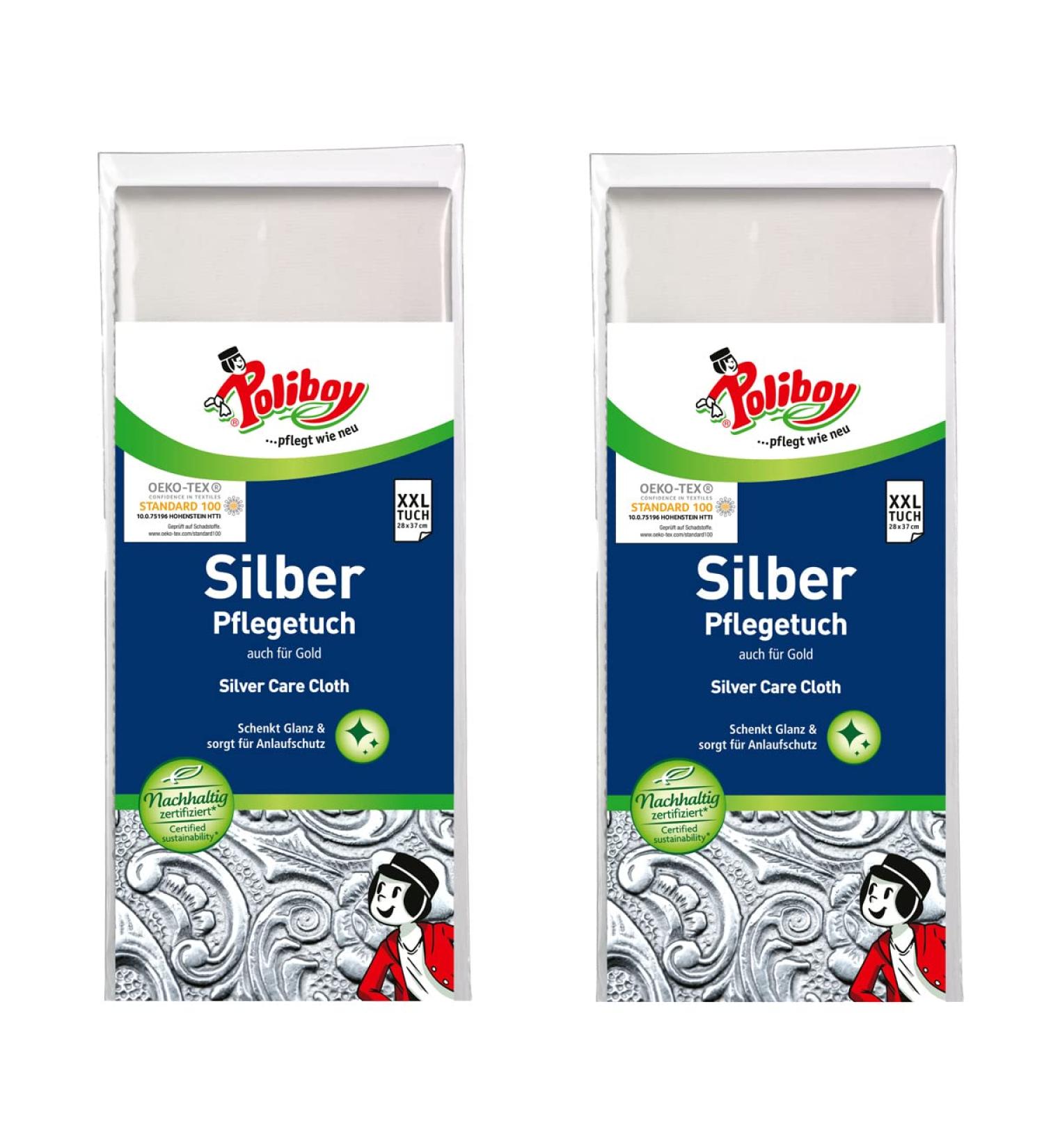 Poliboy - silver care cloth - Special polish cloth for the care and cleaning of real silver and silver -plated objects - 28 x 37 cm - 2 Pack - Made in germany silver care cloth 2 pieces (1 Pack)