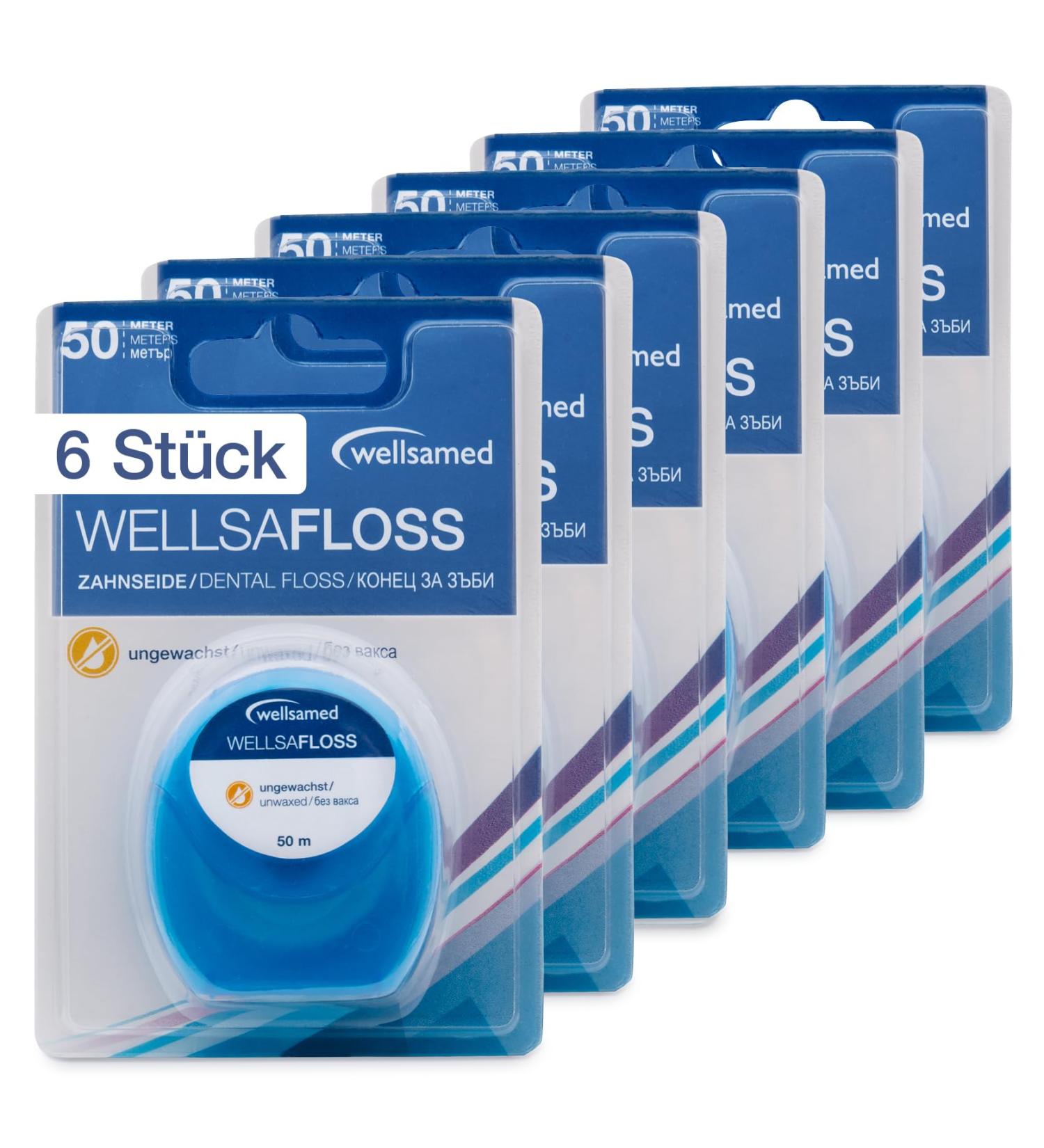 Wellsamed Dental Floss 50m Dispenser - Tasteless Interdental Cleaning (6 Pieces) | International Shipping Available - Buy Online on GoSupps.com