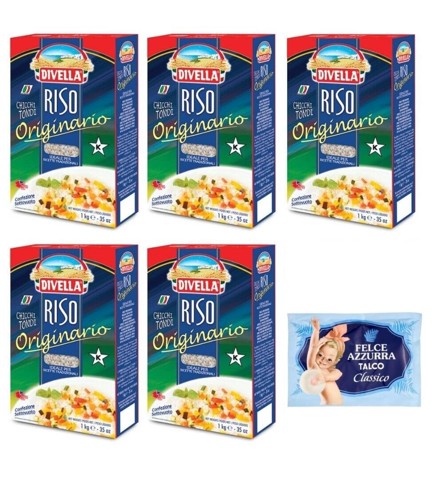 Divella Original Rice - Lot of 5 grains of round rice - Italian rice - Id al for traditional recipes - Packaging sous vide of 1 kg + 1 packet of talc powder Felce Azzurra - Sachet of 100 - Buy Online on GoSupps.com