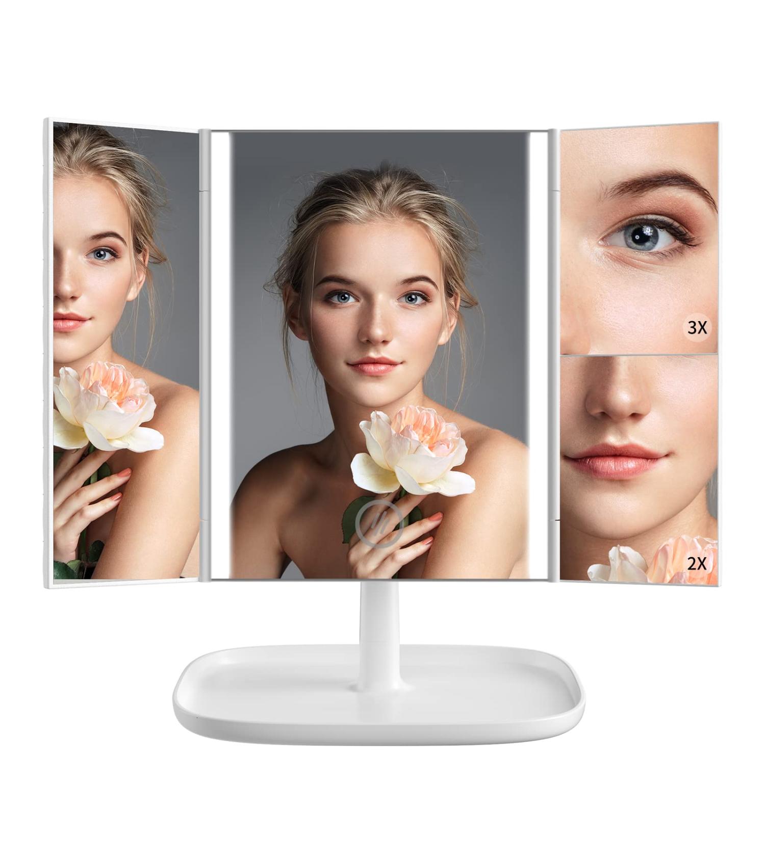 Trifold Makeup Mirror with Lights - 3 Color Modes, 52 LED, 1X 2X 3X Magnification - Touch Control, Dual Power Supply - Portable Vanity Mirror - Buy Online on GoSupps.com