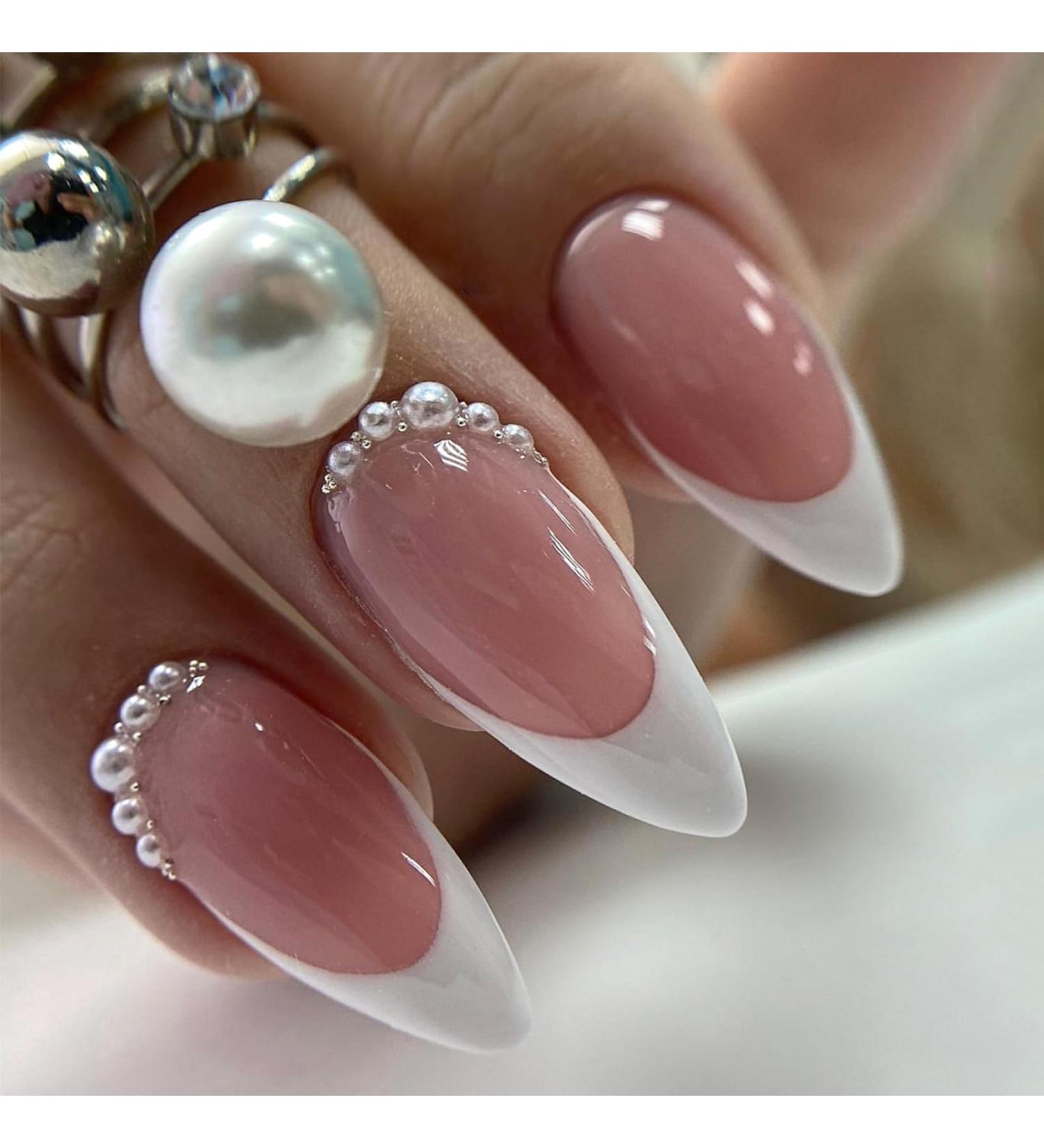 Stunning 24Pcs Stiletto French False Nails with Pearls | Nude Full Cover Press on Nails for Women Girls - Perfect for Festival & Holiday Nail Art - Buy Online on GoSupps.com