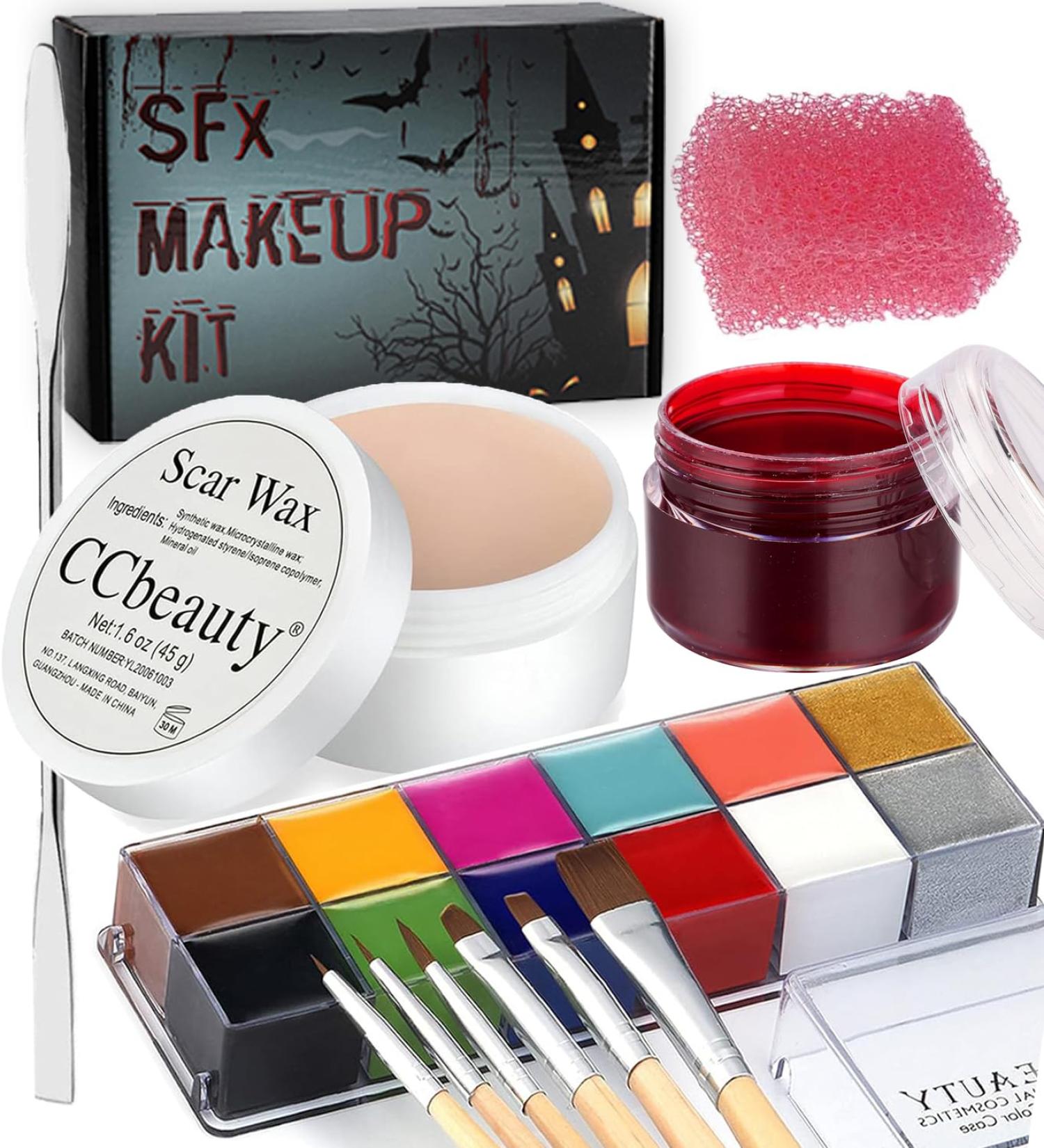 CCbeauty Halloween SFX Makeup Kit - 12 Colors Face Body Paint, Scar Wax, Fake Blood, Brushes & Sponge - Buy Online on GoSupps.com