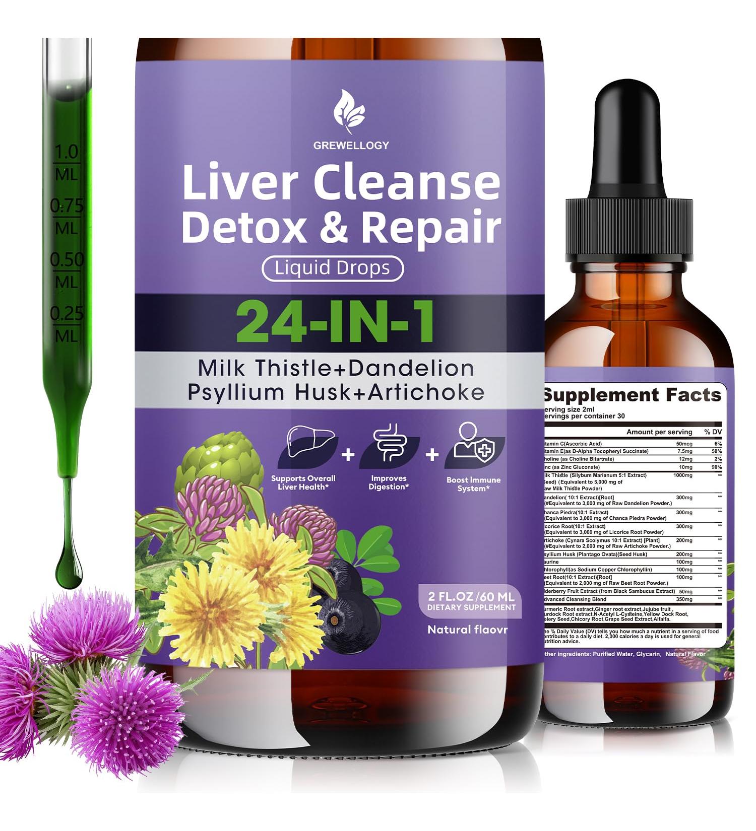 Grewellogy Liver Cleanse Detox & Care Liquid Drops - 24-in-1 Milk Thistle Supplement 5000mg Eq. with Artichoke, Dandelion & Chanca Piedra - Vegan Liver Support for Women & Men - Alcohol Free, 2 Fl Oz - Buy Online on GoSupps.com
