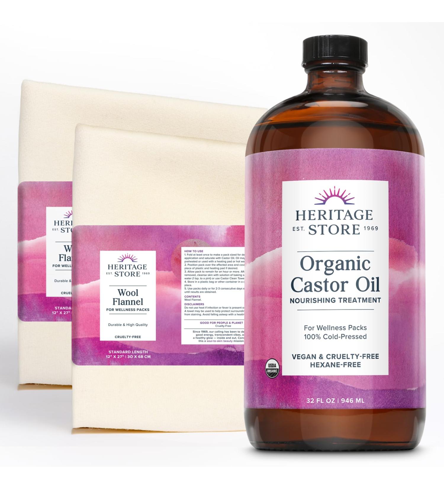 HERITAGE STORE Organic Castor Oil Pack Wrap Kit - Soothing Castor Oil Packs Heat Compress for Abdomen Joints Overall Health 32oz Cold Pressed Organic Castor Oil Two 12 x 27in. Wool Flannel Cloths 32 Ounce (Pack of 3) - Buy Online on GoSupps.com