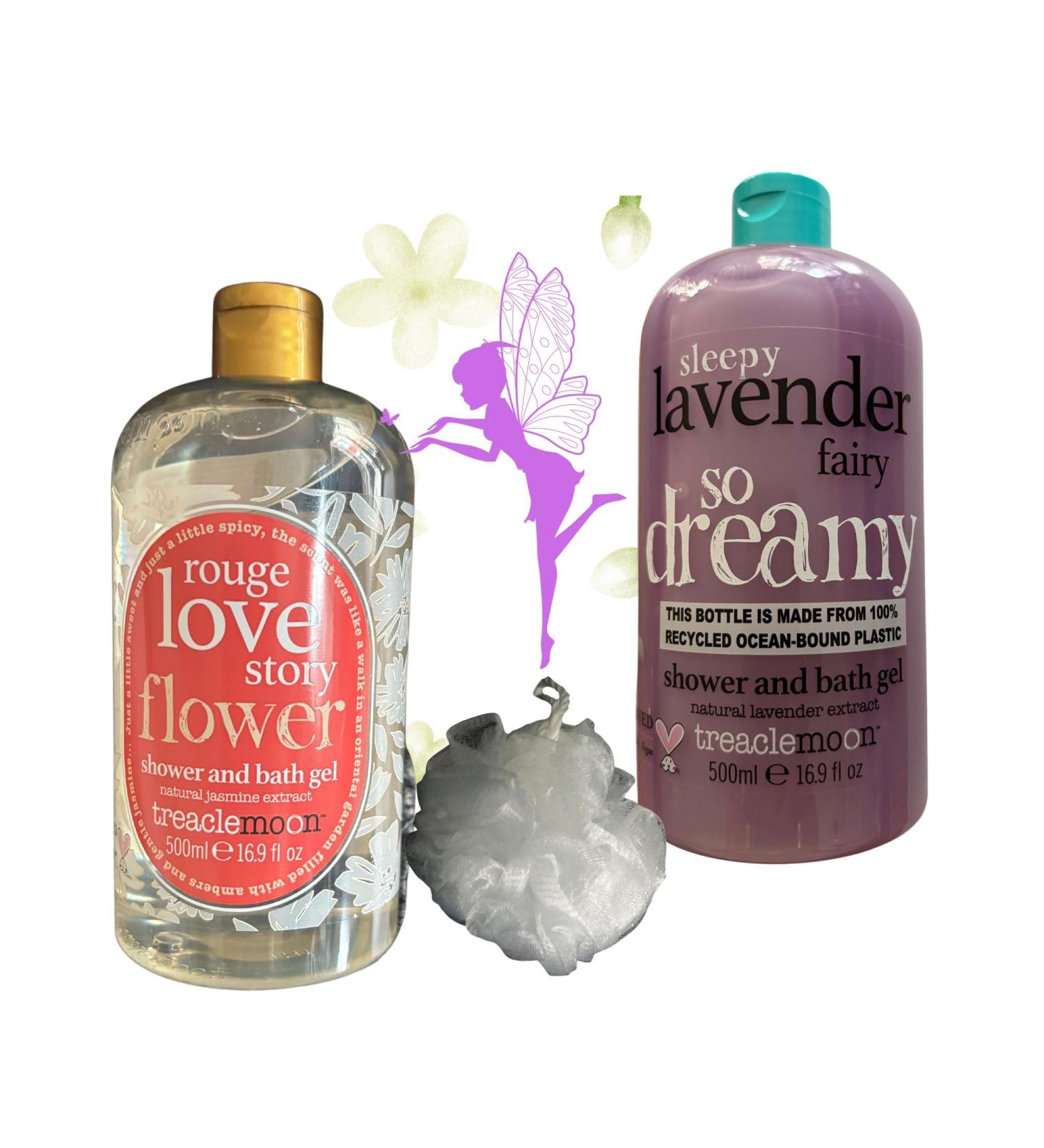 Treaclemoon Duo of Lavender Fairy (500 ml) and Rouge Love Story Shower Gels (500 ml) with Body Puff. - Buy Online on GoSupps.com