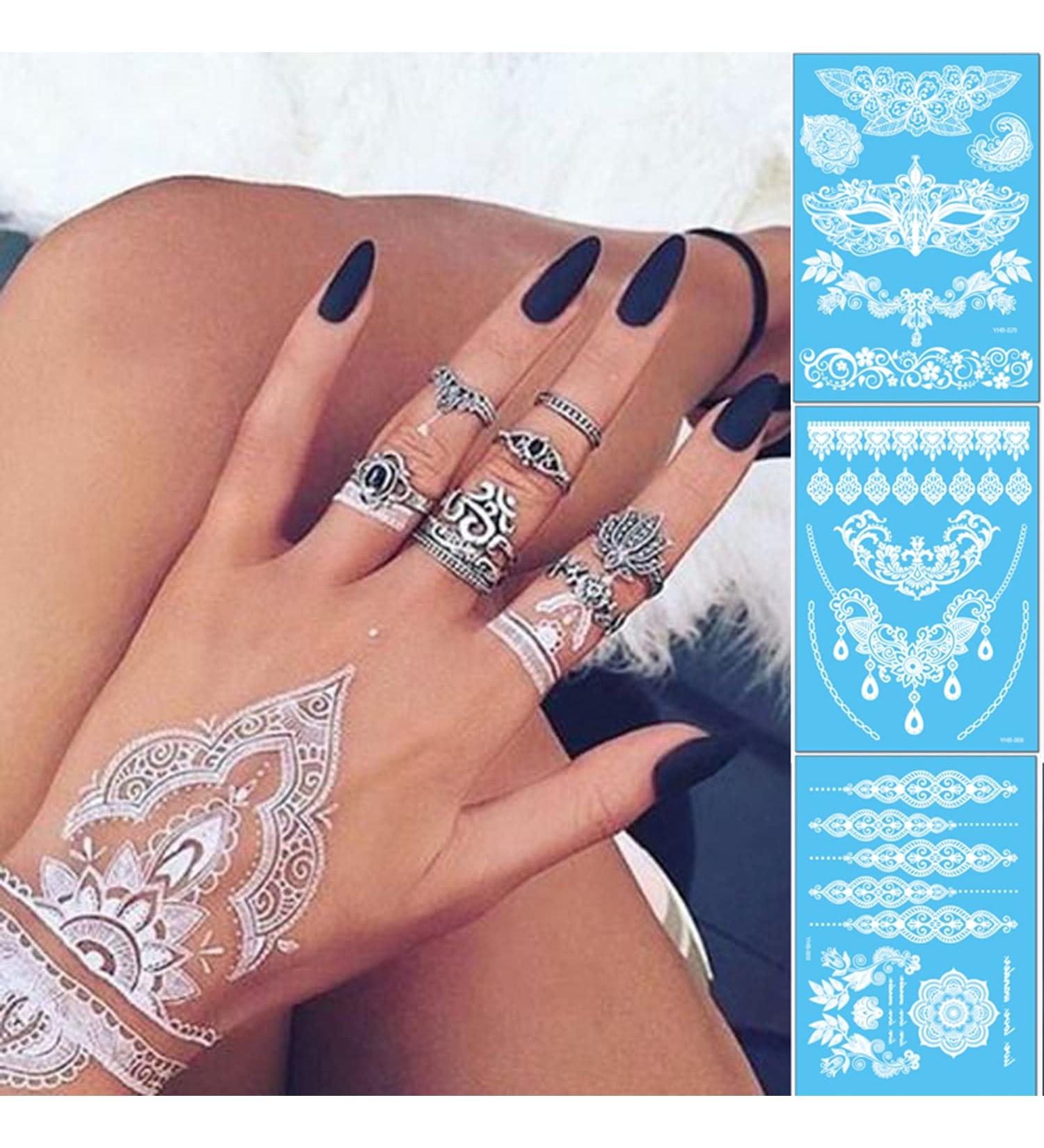 White Lace Henna Temporary Tattoos - Bride Wedding Indian Mandala Designs - Body Art Stickers Kit (6 Sheets) - Buy Online on GoSupps.com