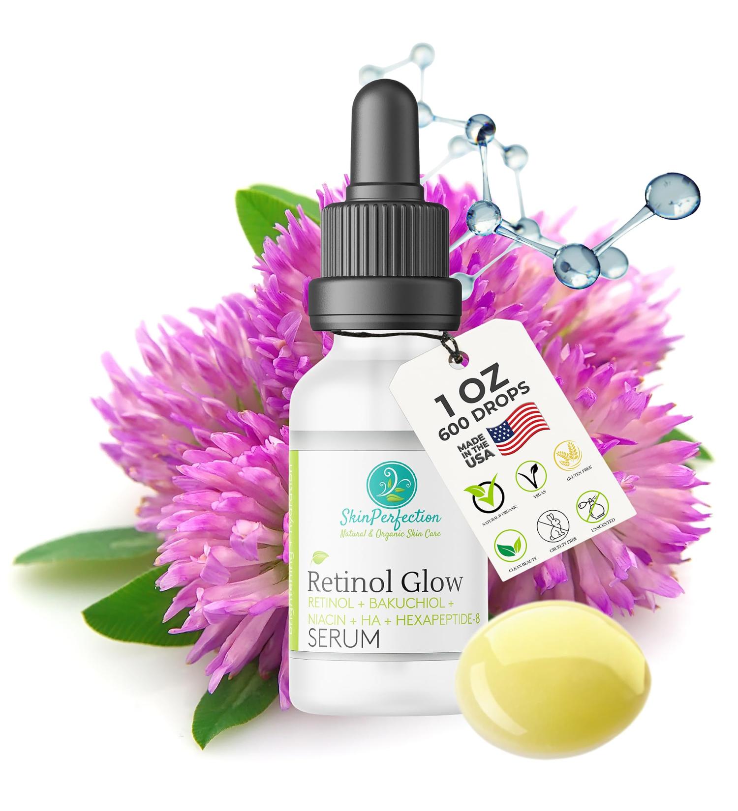 Retinol Glow Serum - Anti-Aging Face & Neck Cream with Argireline Bakuchiol & Niacinamide | Skin Renewing Resurfacing Formula - Buy Online on GoSupps.com
