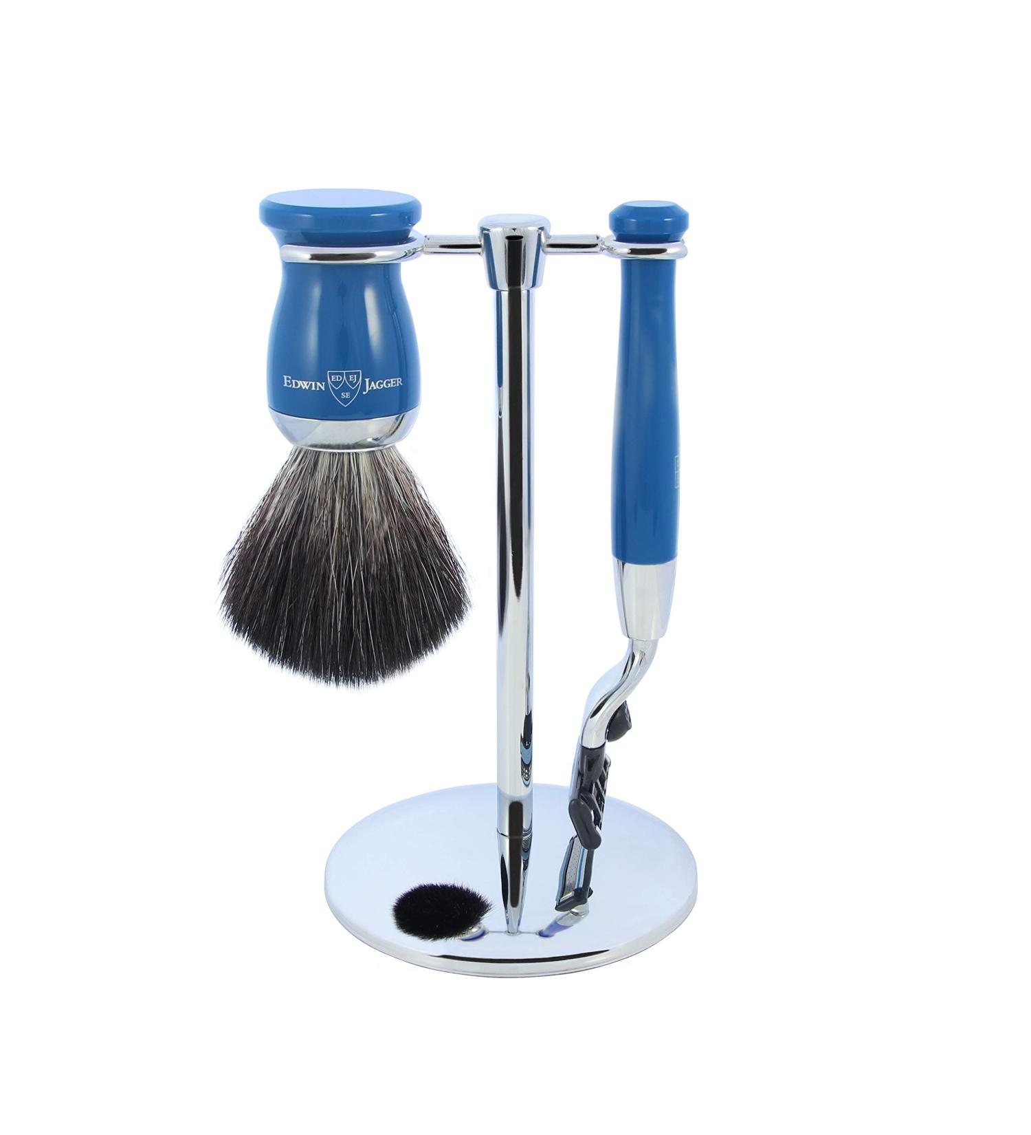 Edwin Jagger 3pc Gillette Mach3 Shaving Brush Black Synthetic Fibre With Stand Chrome Plated (Blue)
