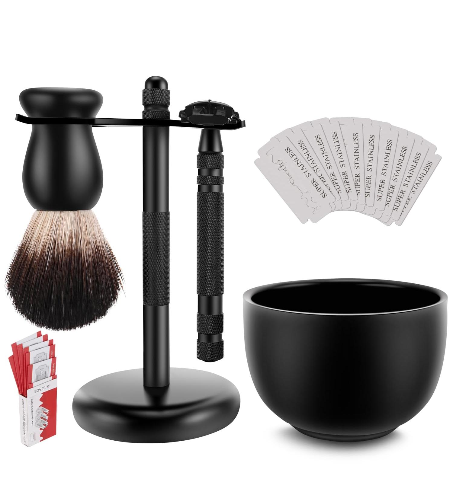 Buy Amazing Safety Razor Shave Kit - Black Men's Shaving Set with Butterfly Open Razor Brush Stand Soap Bowl & Stainless Blades - Perfect for Grooming - Buy Online on GoSupps.com