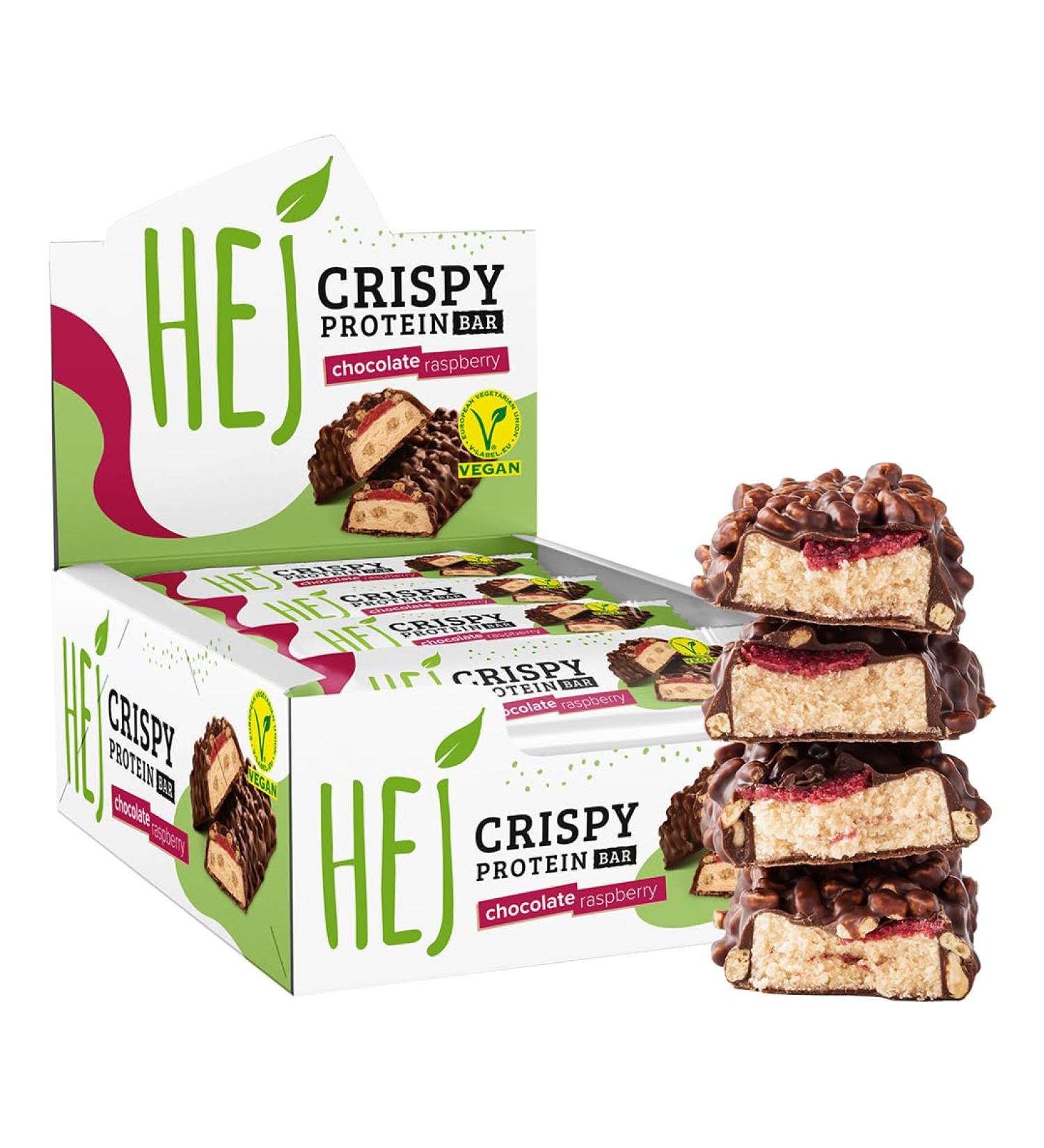 Hej Vegan Crispy Chocolate Raspberry Protein Bars - Low Sugar High Protein Palm Oil-Free - 12 Bars x 45g - Buy Online on GoSupps.com