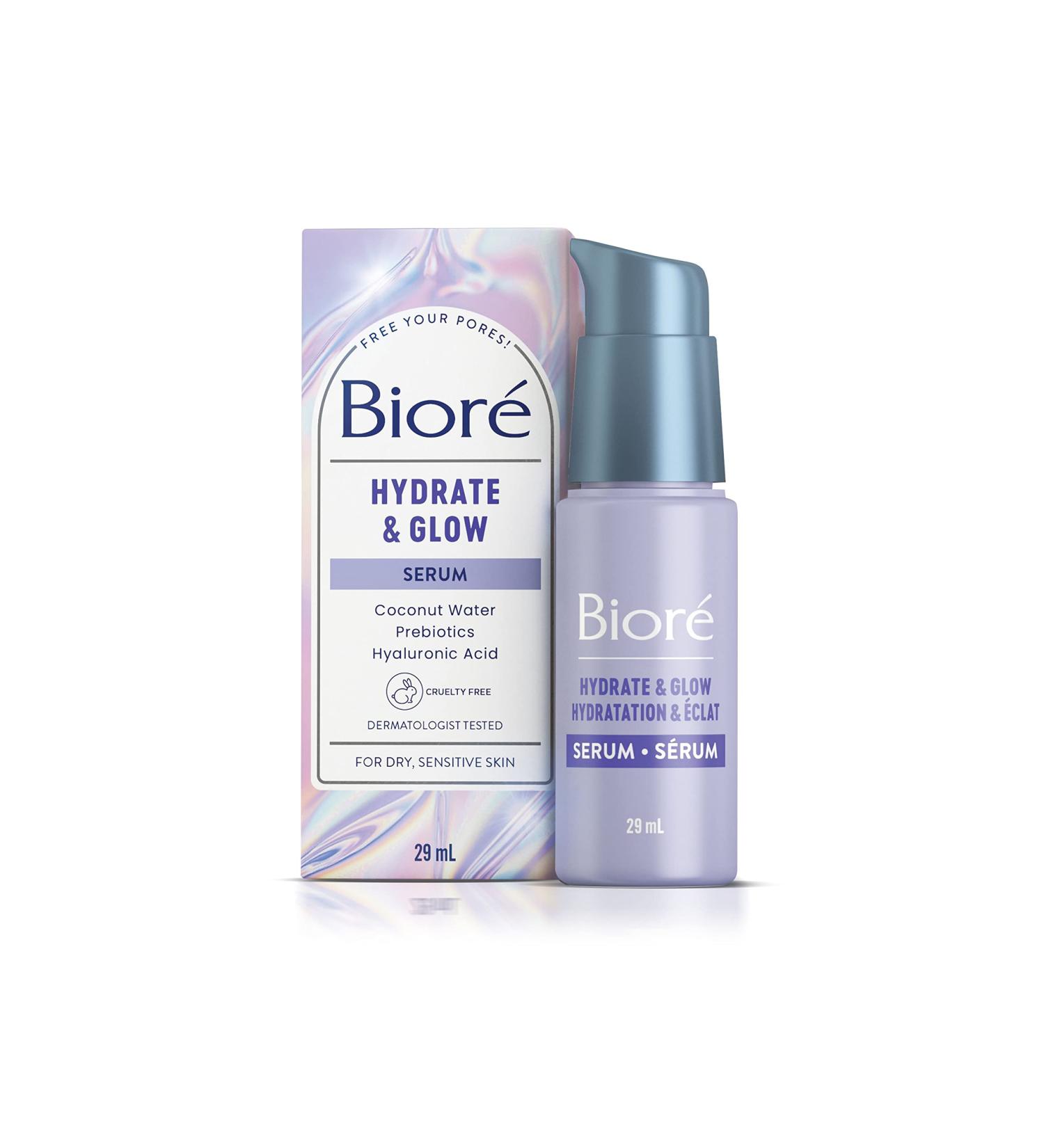 Biore Hydrate & Glow Serum Face Serum for Dry Sensitive Skin infused with Prebiotics Hyaluronic Acid and Coconut Water |Dermatologist Tested Cruelty Free and Fragrance Free (29mL) White - Buy Online on GoSupps.com