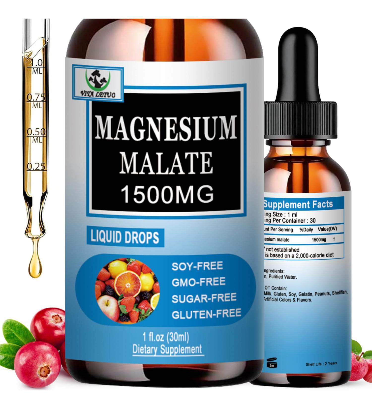 Magnesium Malate Liquid Drops | High Absorption Liquid Magnesium Supplement for Healthy Energy & Muscle Function Support - Magnesium Malate 1500mg for Adults Women & Men | Non-GMO - 30 Servings - Buy Online on GoSupps.com