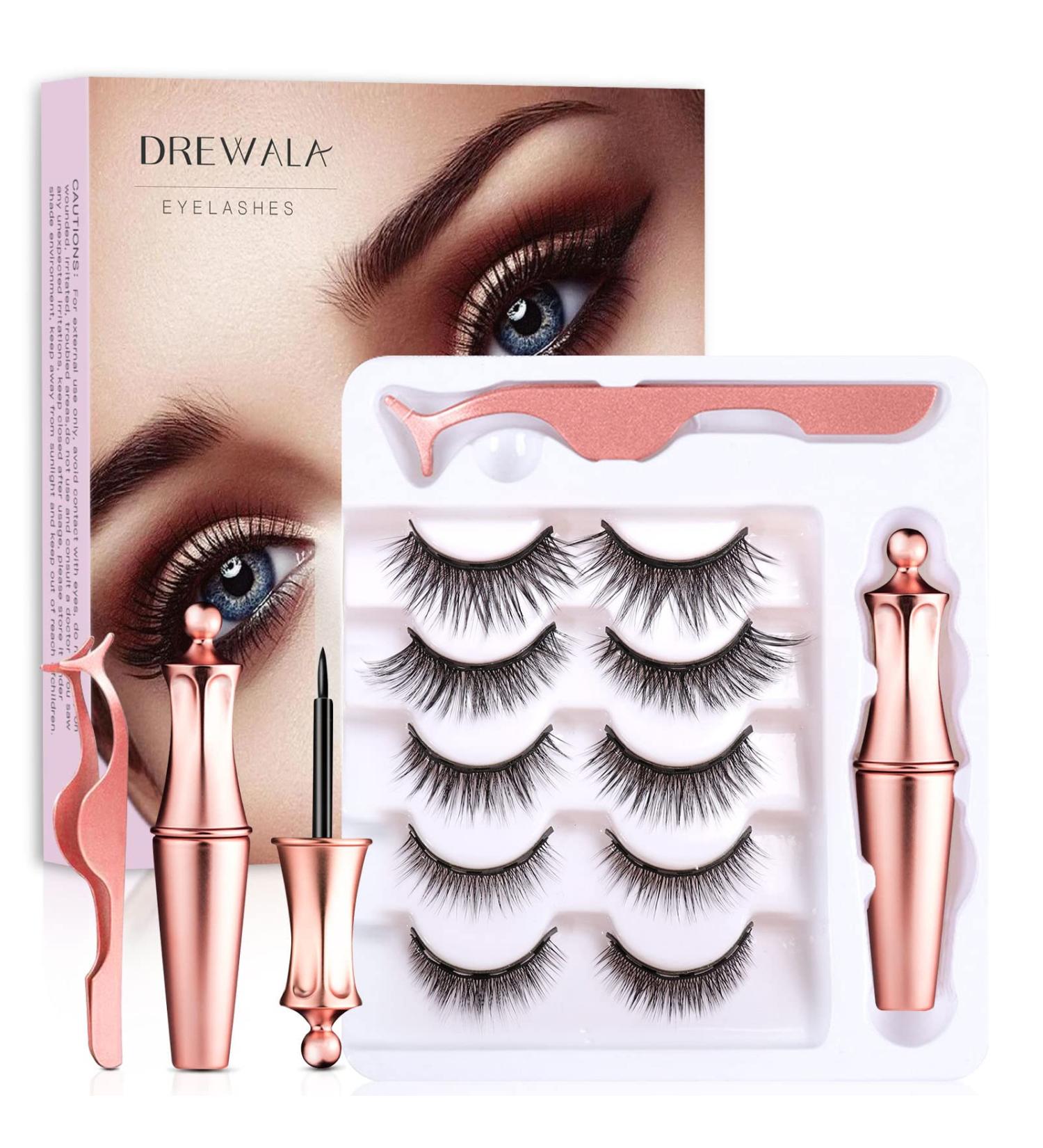 DREWALA Magnetic Eyelashes with Eyeliner Kit - 5 Pairs, 3D Natural Look, Waterproof, Easy to Apply, Reusable, Long Lasting - No Glue Needed False Eyelashes Pack - Buy Online on GoSupps.com