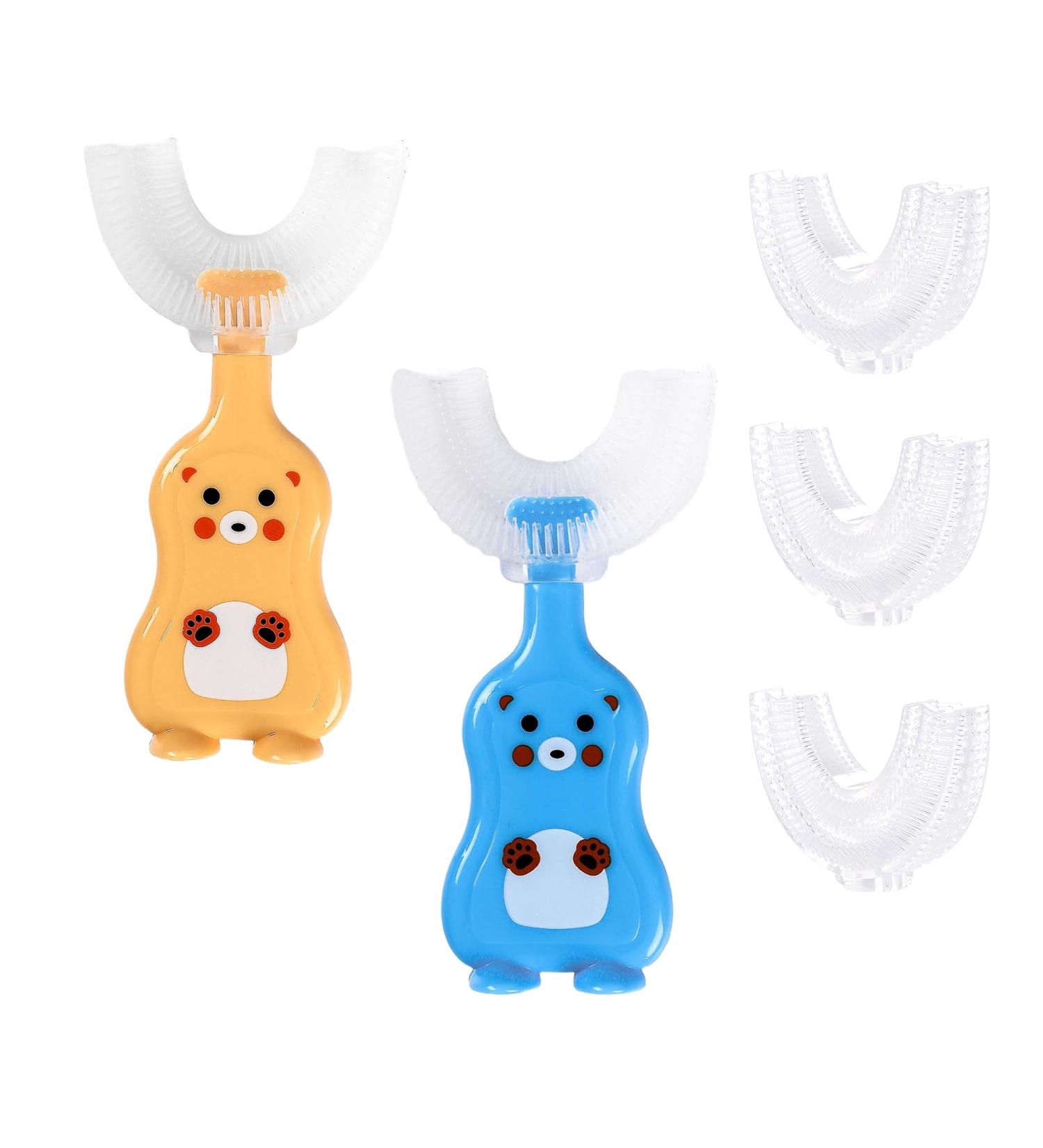 360 U-Shaped Toothbrush for Toddlers & Kids Ages 2-8 | Includes 1 Blue Bear & 1 Yellow Bear + 3 Heads & Stickers - Buy Online on GoSupps.com