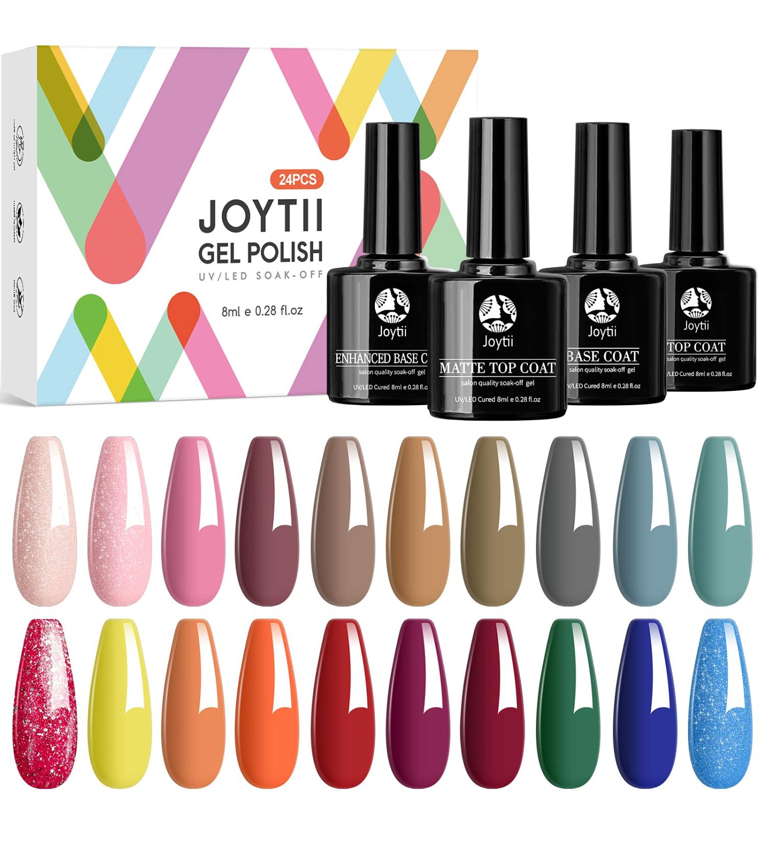 Joytii 24Pcs Gel Nail Polish Set with Glossy/Matte Top Coat, Base Coat - UV/LED Soak Off Gel Polish Kit for Manicure and Pedicure - Berries and Nuts - Buy Online on GoSupps.com