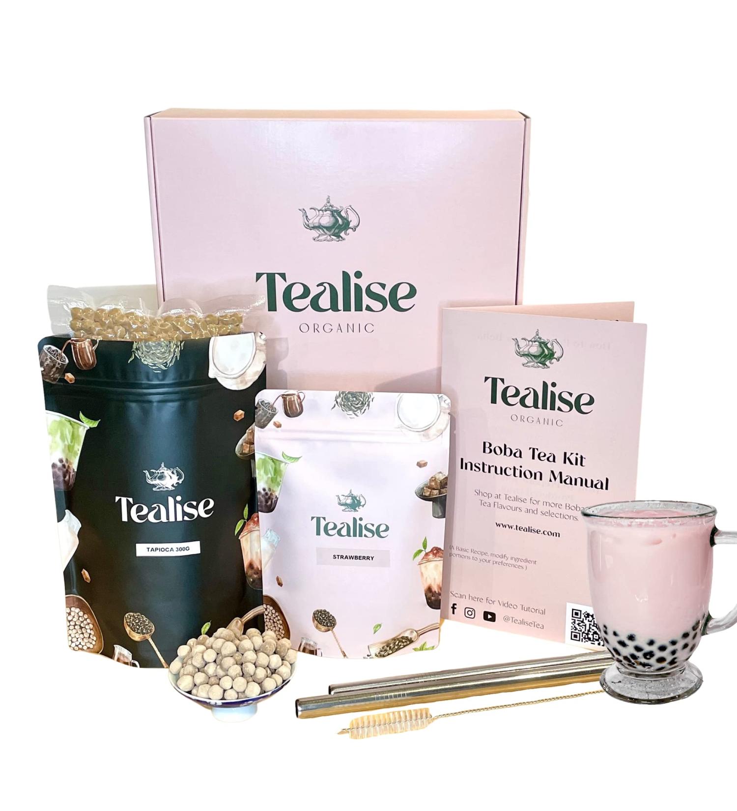 Tealise Instant Boba Tea Strawberry Tapioca Jumbo Straw Bubble Tea kit