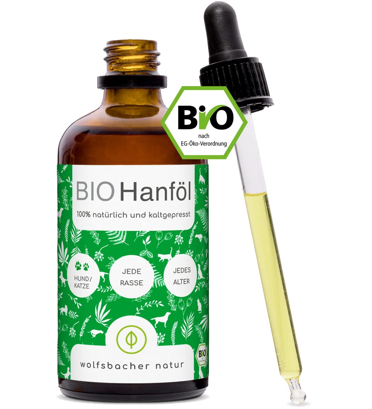Wolfsbach Organic Hemp Oil for Dogs & Cats 50ml - Omega 3 & 6 Cold-Pressed 100% Organic from Germany | BARF & Feed Oil - De- ko-060 - Buy Online on GoSupps.com