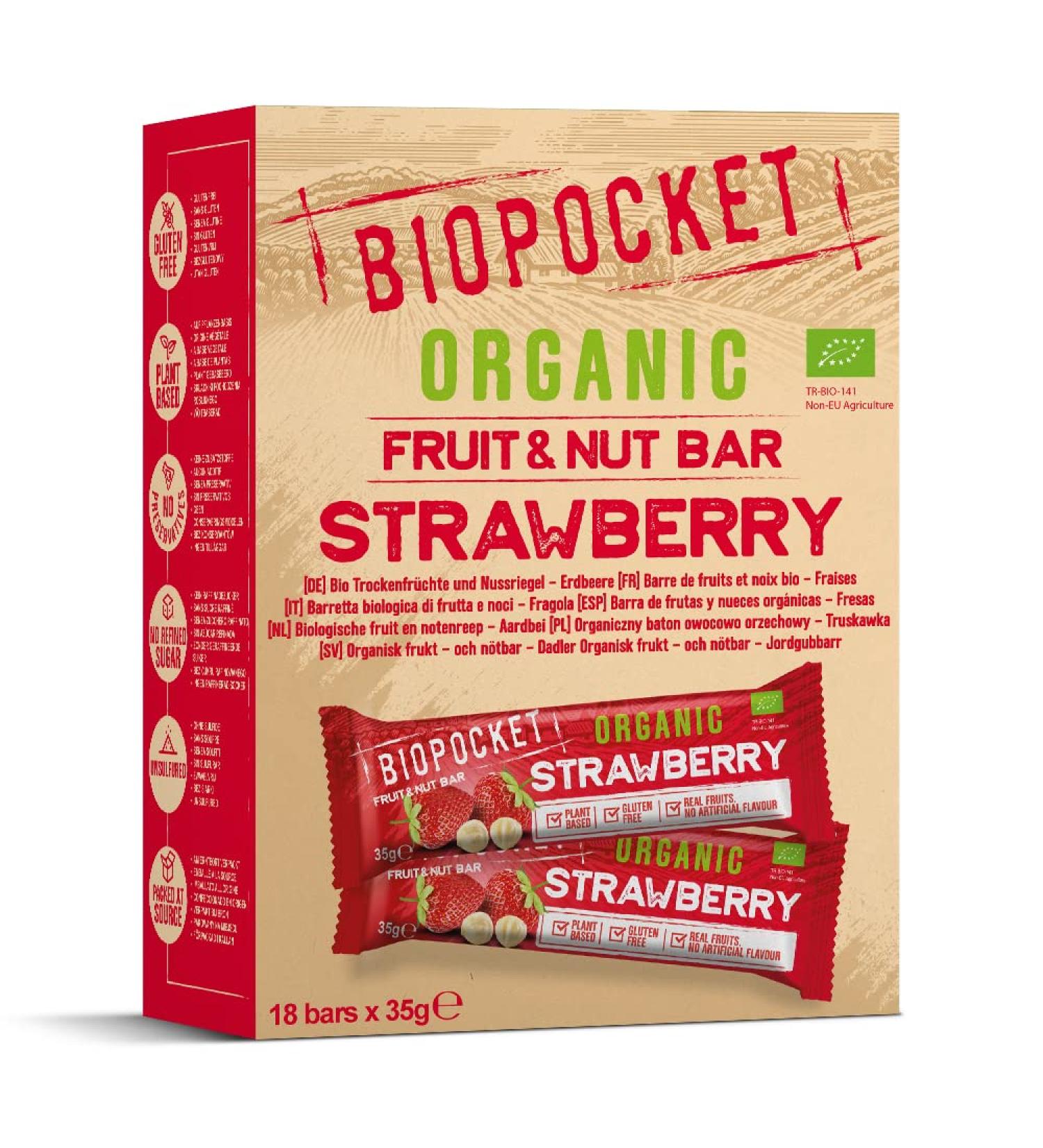 Biopocket Organic Strawberry Fruit and Nut Bars - 18 x 35g Pack - Buy Online on GoSupps.com