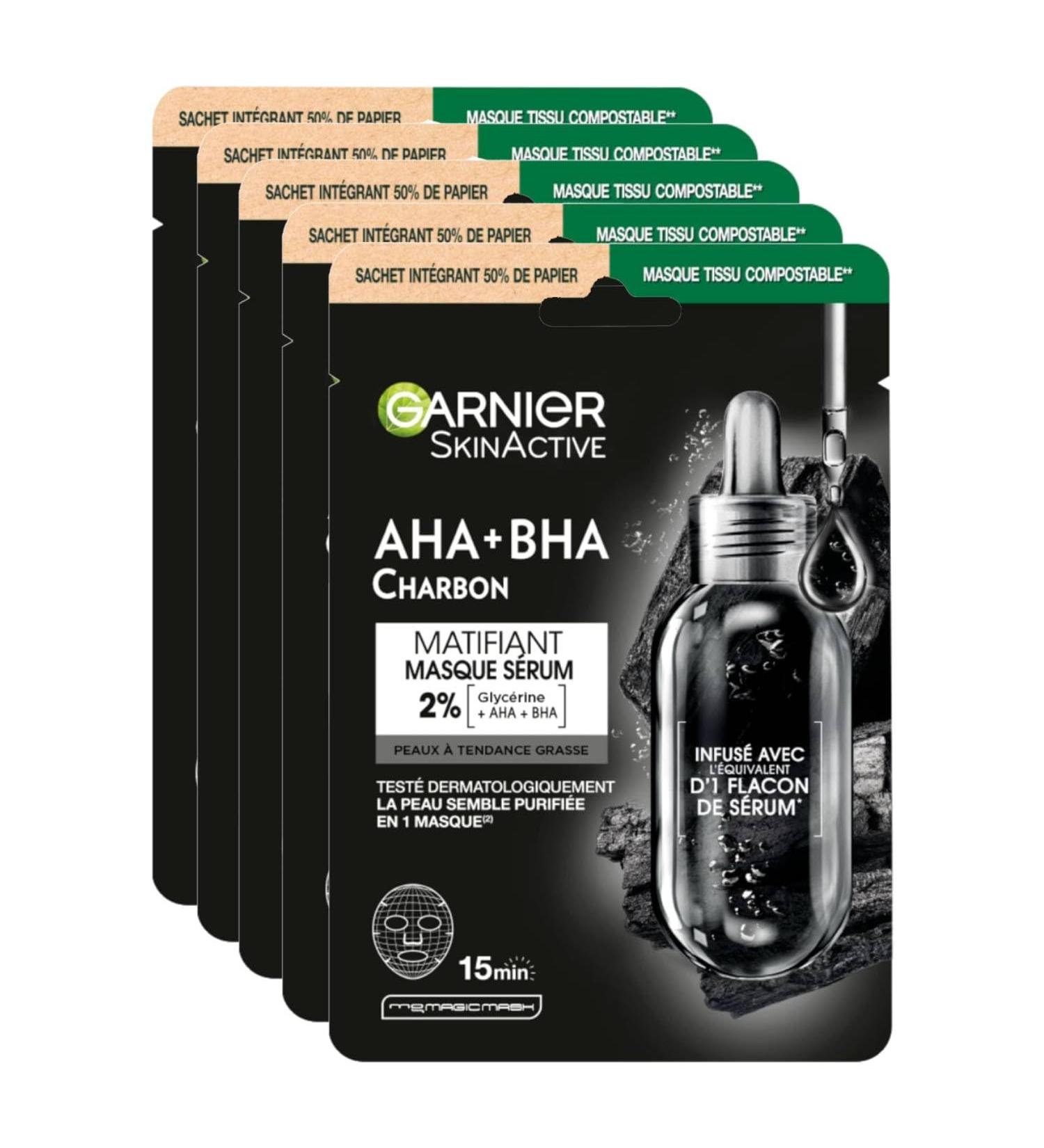 Garnier Masque en tissu purifiant et hydratant Skin Active Pure Charcoal pour peaux normales mixtes effet d tox matant avec charbon acide hyaluronique LHA et th noir lot de 5 - Buy Online on GoSupps.com