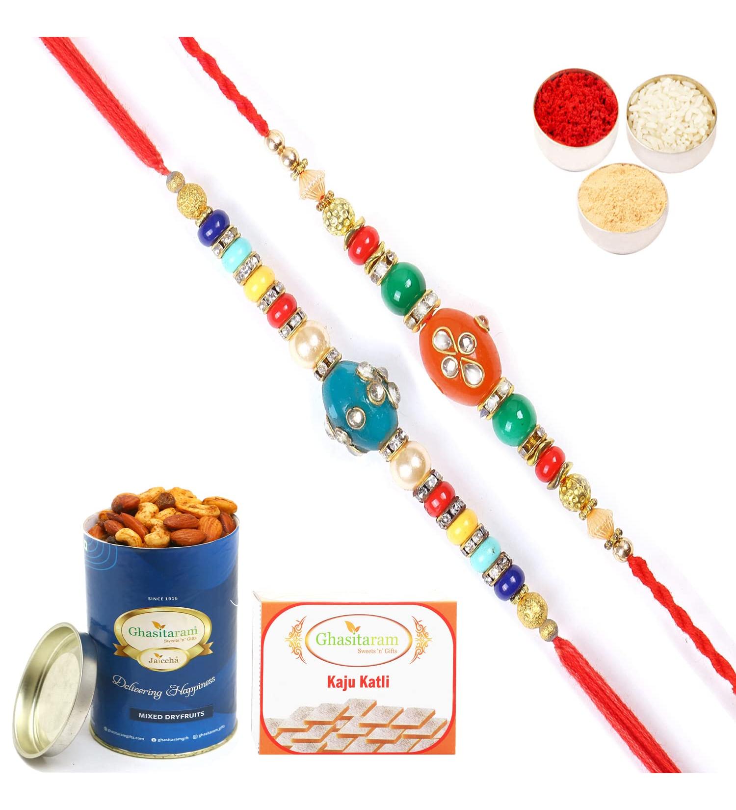 Ghasitaram Gifts Rakhi for Brother Rakhis Online - Set of 2 276 277 Fancy Rakhis with 100 GMS of Dryfruits Mix Can 200 GMS of Kaju katli - Buy Online on GoSupps.com