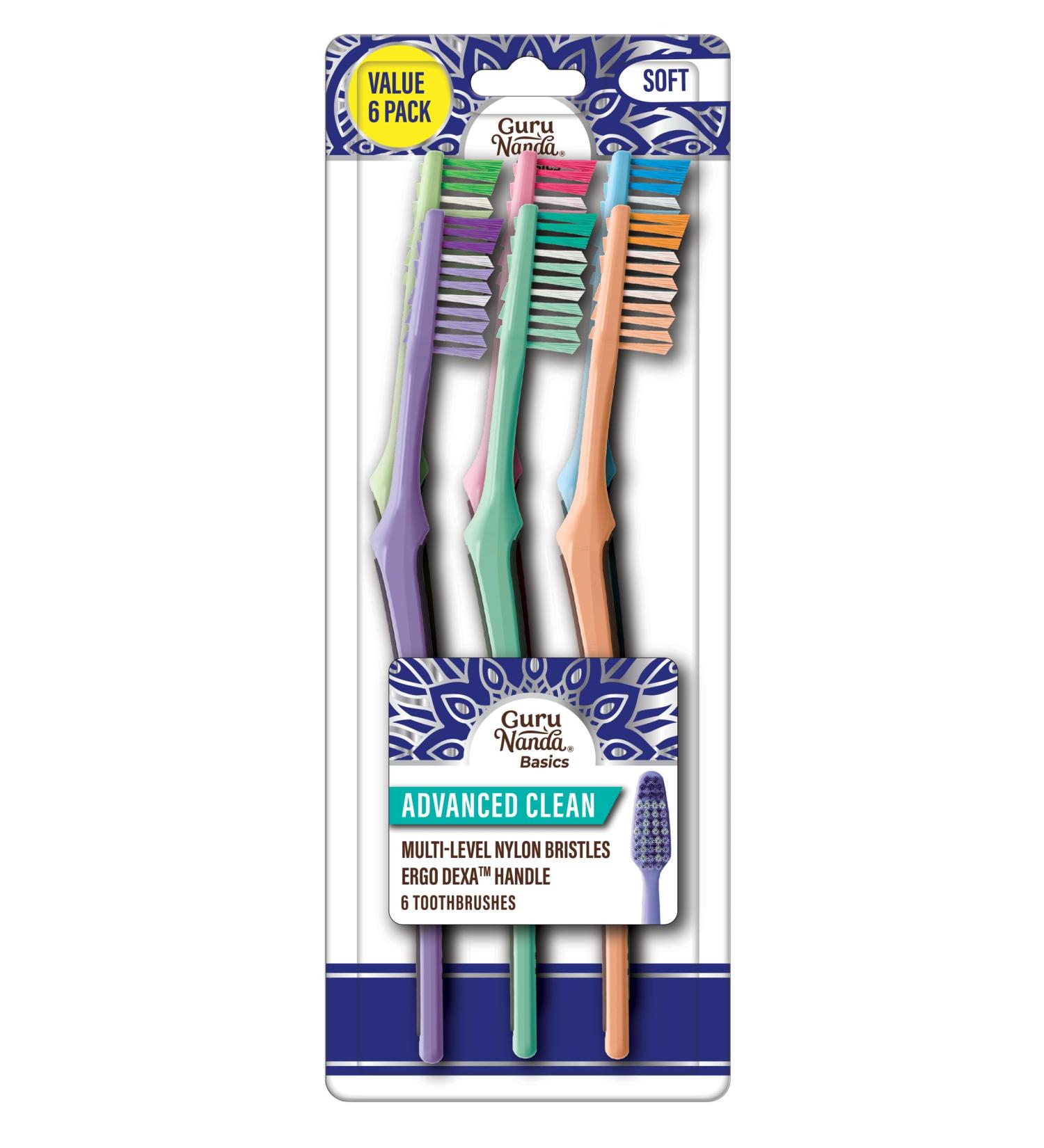 GuruNanda Advanced Clean Toothbrush with Tongue Cleaner - Soft Bristles for Sensitive Teeth & Gums - Assorted Colors Pack of 6