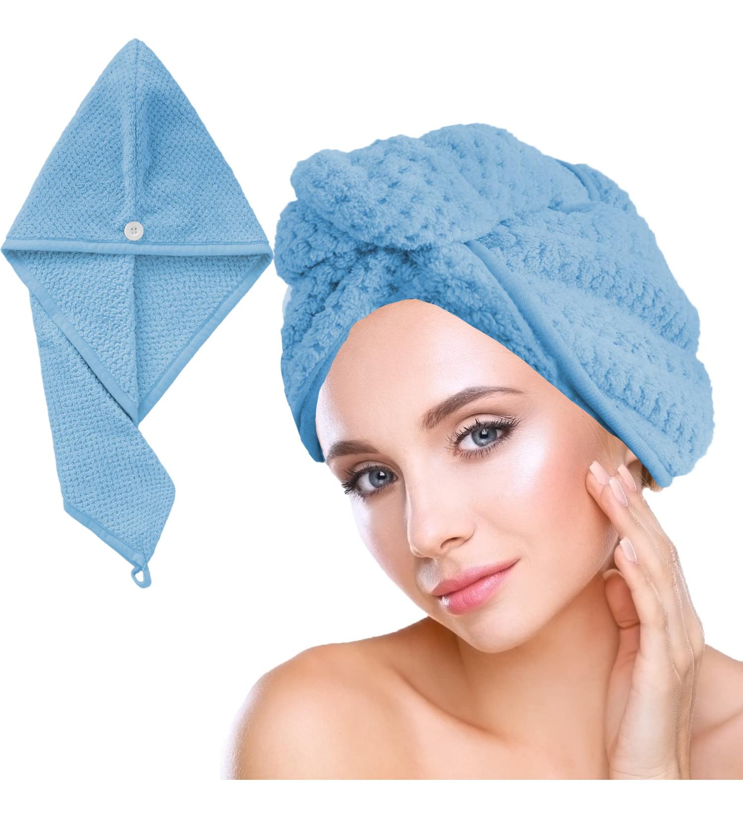 Hair Turban Towel with Button - Microfiber Hair Wrap for Long Hair | Blue | International Shipping - Buy Online on GoSupps.com
