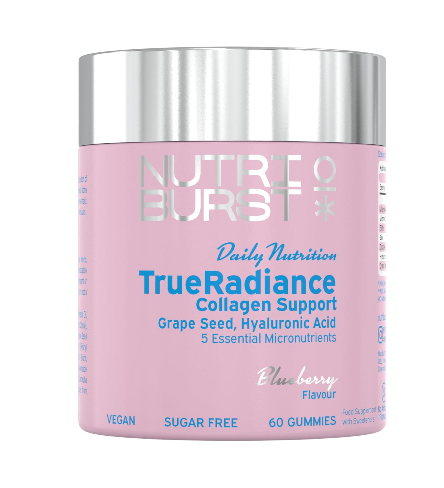 Nutriburst - TrueRadiance Collagen Support Gummies for Healthy Hair Skin & Nails - Biotin (100 g) Hyaluronic Acid (50mg) Vitamin A (400 g) + Vitamin C (80mg) - 60 Gummies 1 Month Supply 60 Count (Pack of 1) Trueradiance - Collagen Booster - Buy Online on GoSupps.com