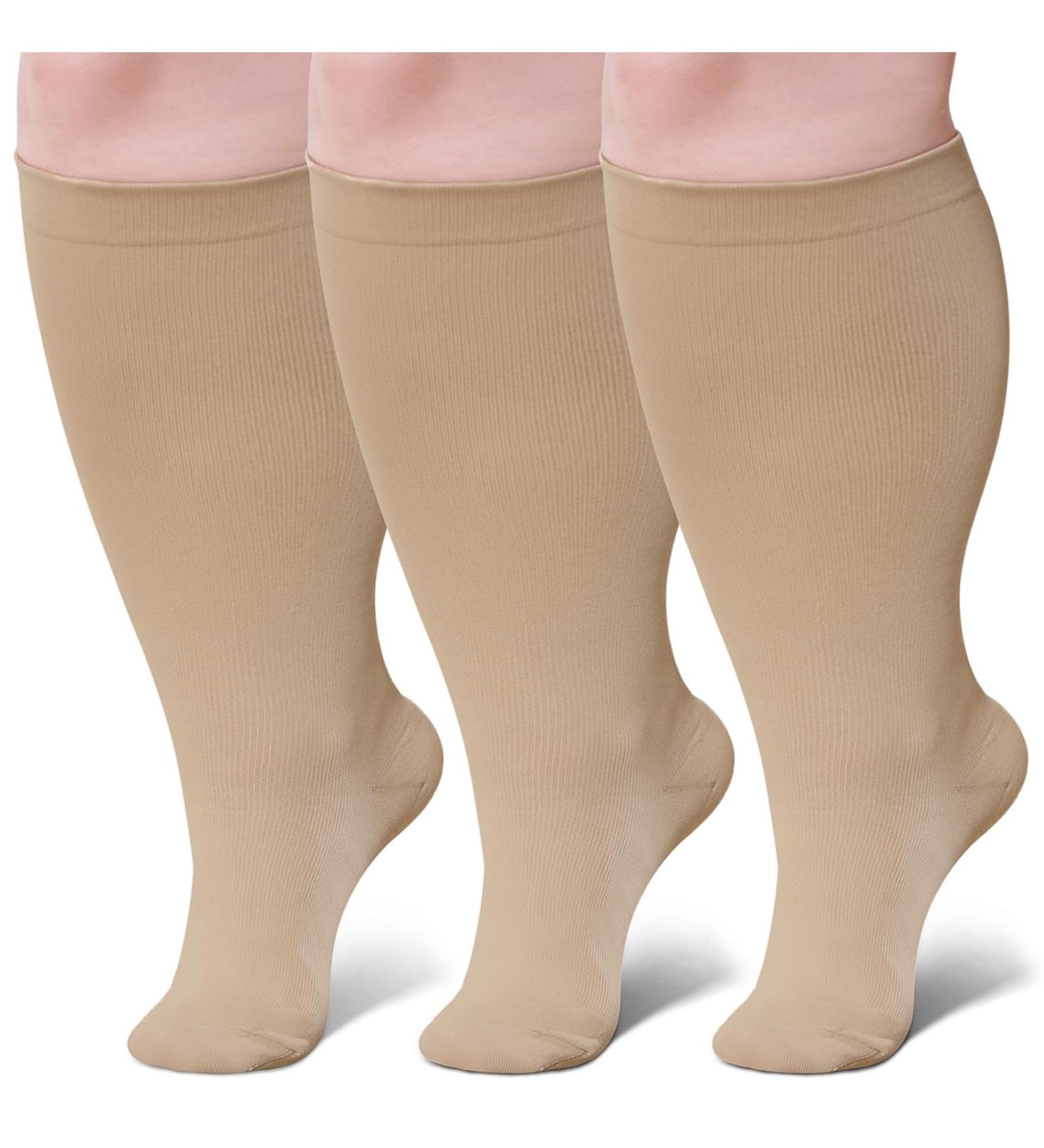 ZfSock Compression Stockings for Thick Calves | Medical Support Socks for Men & Women | 20-30mmHg Oversize Travel Socks | 3 Couples XXL Skin Color - Buy Online on GoSupps.com