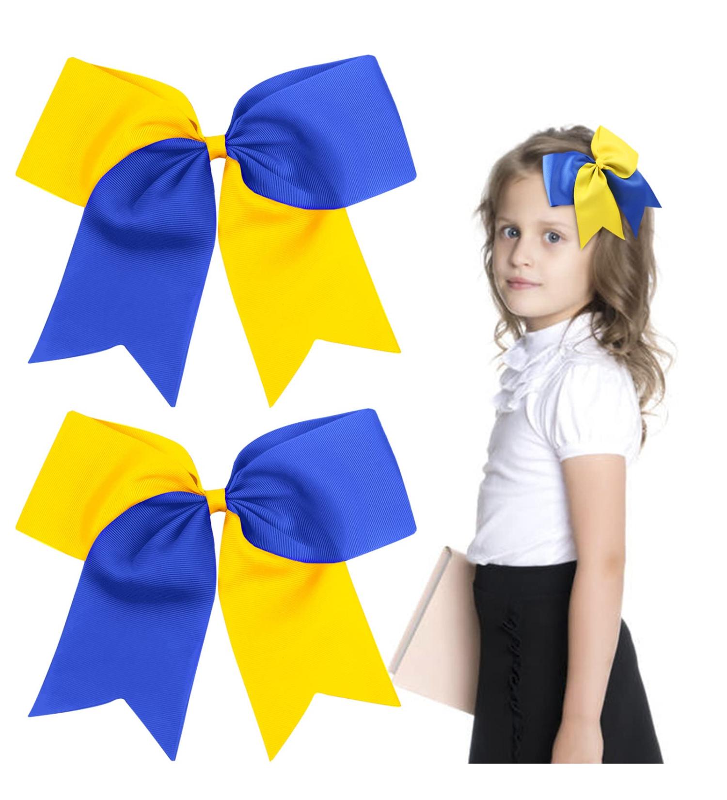 2PCS Oaoleer 8 Jumbo Cheer Bows with Tails, Yellow/Blue - Ideal for Girls Teen Softball Cheerleader Outfits - Buy Online on GoSupps.com