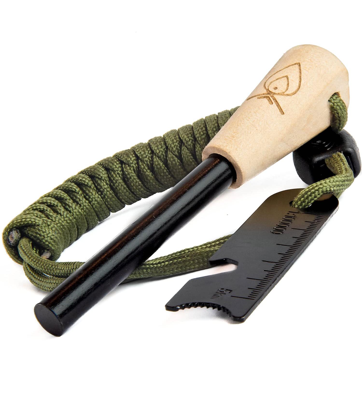 Texas Bushcraft Fire Starter - 3/8 Thick Ferro Rod with Striker | Waterproof Flint Fire Steel Survival Lighter with Paracord Wrist Lanyard | Ideal for Camping, Hiking, Backpacking - Army Green - Buy Online on GoSupps.com