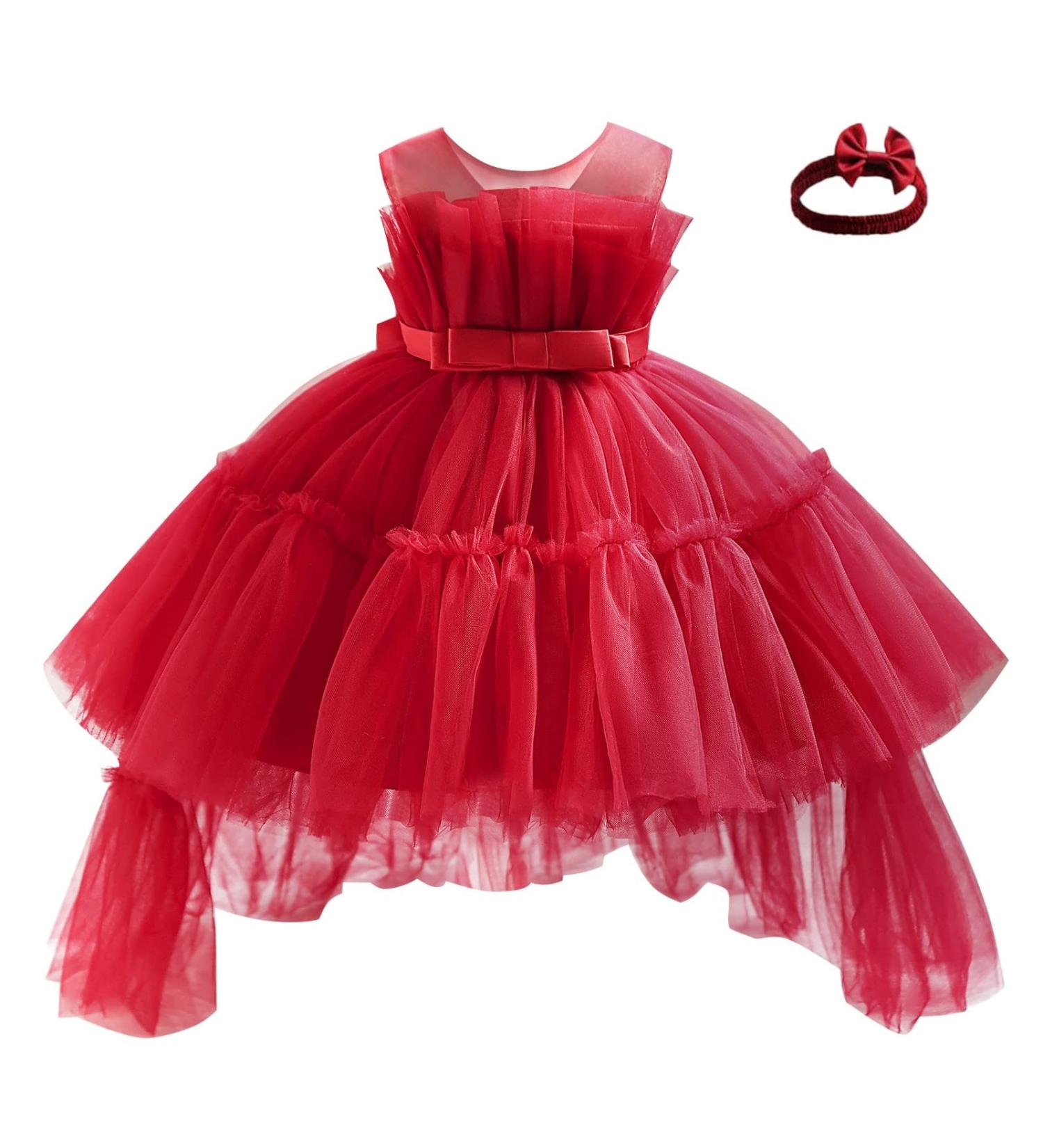 Miipat Tulle Sleeveless Baby Girl Dress with Headband | Princess Party Birthday Wedding Flower Girl Dress | 2-3 Years | Wine - Buy Online on GoSupps.com