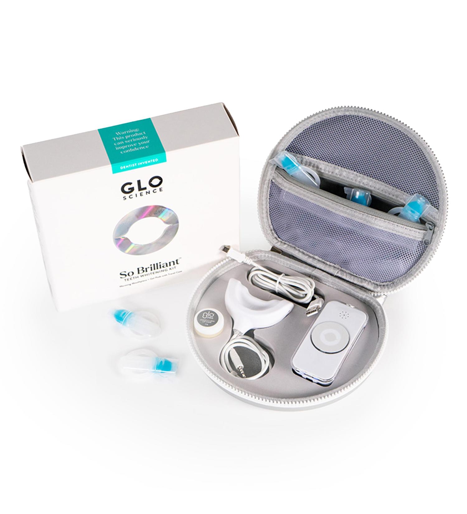 GLO Science So Brilliant Tooth Whitener Set Fast Sensitivity Free Teeth Whitening Technology Includes Warming Mouthpiece with LED Light 6% Hydrogen Peroxide Gel Pods Lip Balm & Travel Case - Buy Online on GoSupps.com