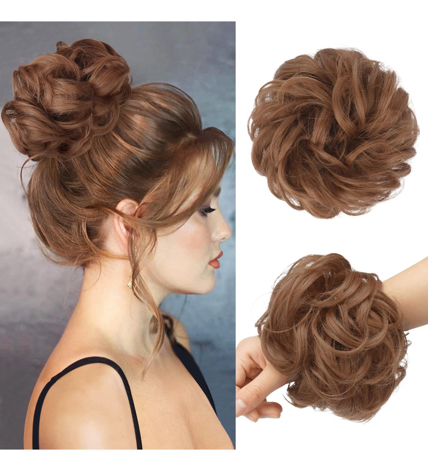 FESHFEN Messy Bun Hair Scrunchie Synthetic Updo - Light Auburn | Thick Curly Wavy Hairpiece for Women & Girls - Buy Online on GoSupps.com