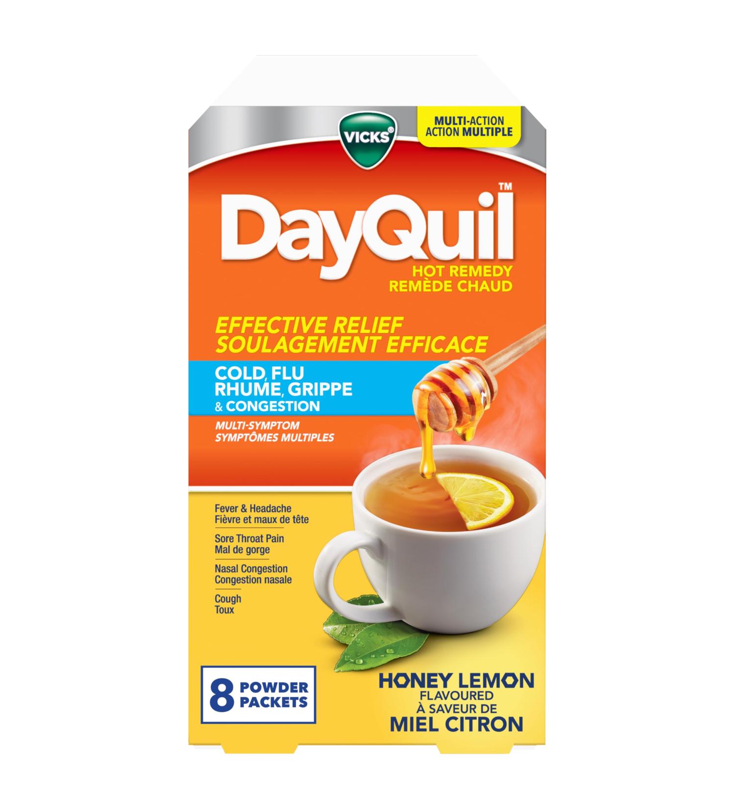 DayQuil Hot Remedy Cold Flu & Congestion Medicine Daytime Non-Drowsy Relief for Fever & Headache Sore Throat Pain Nasal Congestion Cough Multi-Action Honey Lemon Flavoured 8 Powder Packets - Buy Online on GoSupps.com